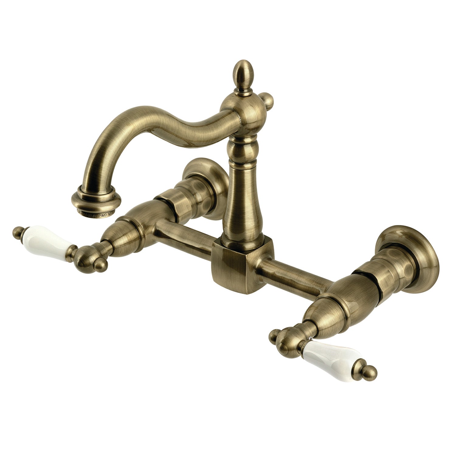 Kingston Heirloom KS1263PL - Heritage Two-Handle 2-Hole Wall Mount Bridge Kitchen Faucet, Antique Brass