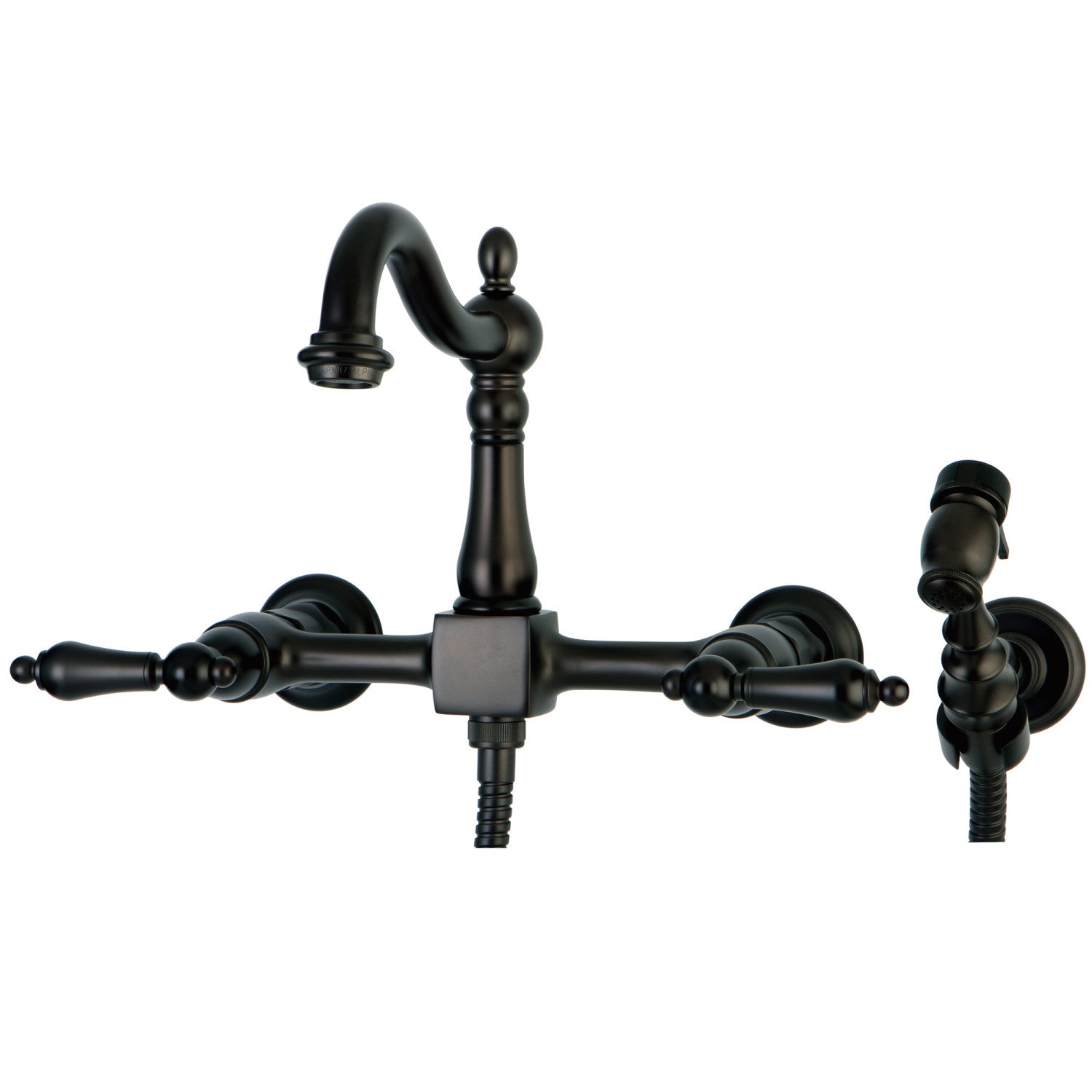 Kingston Heirloom KS1265ALBS - Heritage Two-Handle 3-Hole Wall Mount Bridge Kitchen Faucet with Brass Sprayer, Oil Rubbed Bronze