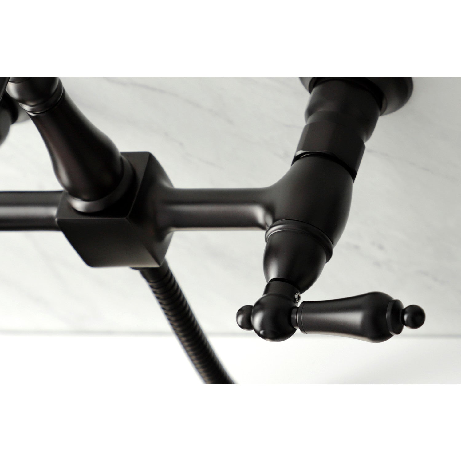 Kingston Heirloom KS1265ALBS - Heritage Two-Handle 3-Hole Wall Mount Bridge Kitchen Faucet with Brass Sprayer, Oil Rubbed Bronze — thumbnail 3