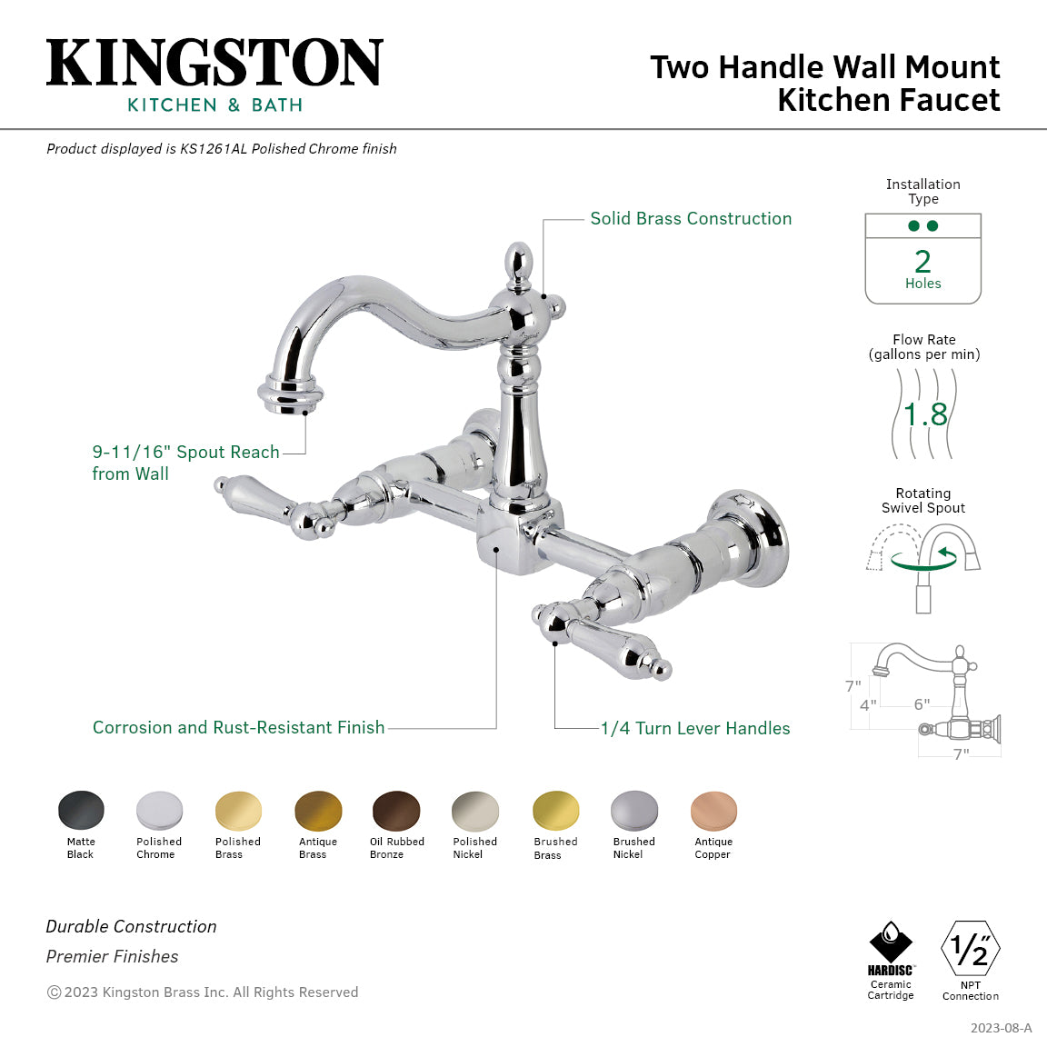 Kingston Heirloom KS1266AL - Heritage Two-Handle 2-Hole Wall Mount Bridge Kitchen Faucet, Polished Nickel — thumbnail 2