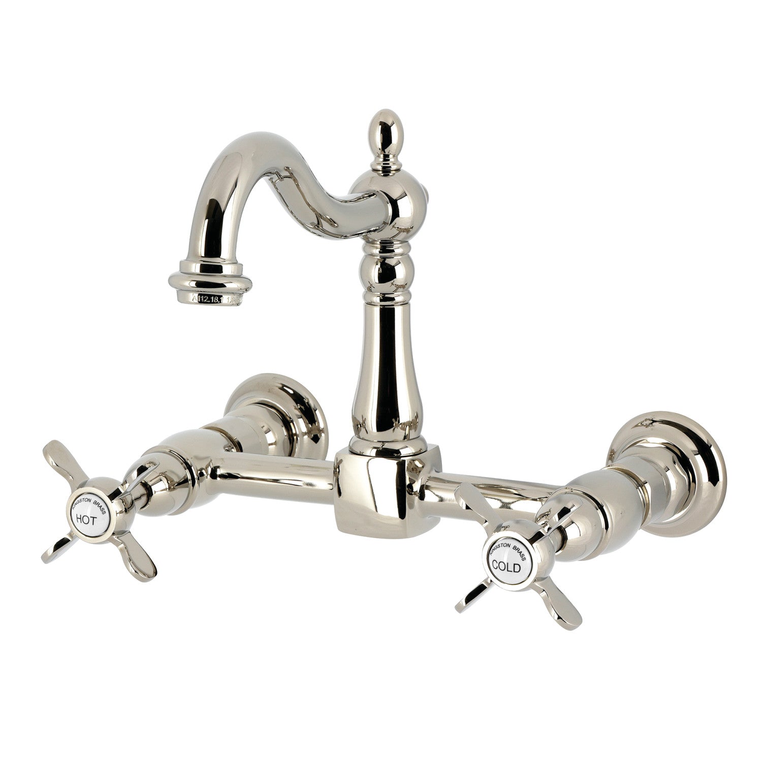 Kingston Heirloom KS1266BEX - Essex Two-Handle 2-Hole Wall Mount Bridge Kitchen Faucet, Polished Nickel