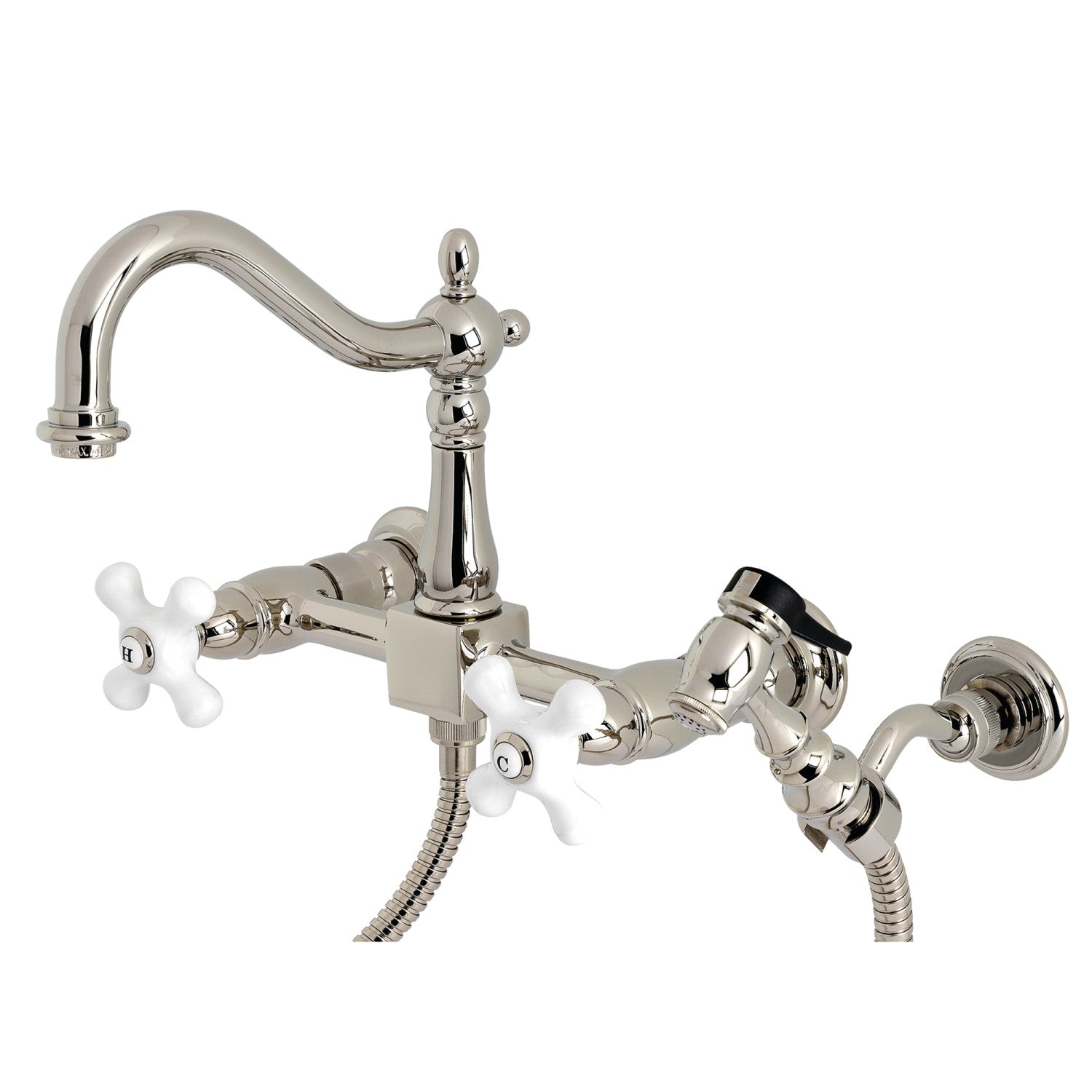 Kingston Heirloom KS1266PXBS - Heritage Two-Handle 3-Hole Wall Mount Bridge Kitchen Faucet with Brass Sprayer, Polished Nickel