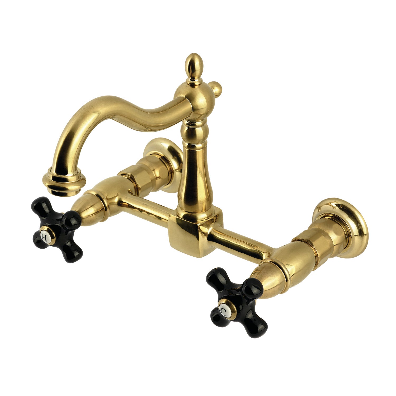 Kingston Heirloom KS1267PKX - Duchess Two-Handle 2-Hole Wall Mount Bridge Kitchen Faucet, Brushed Brass