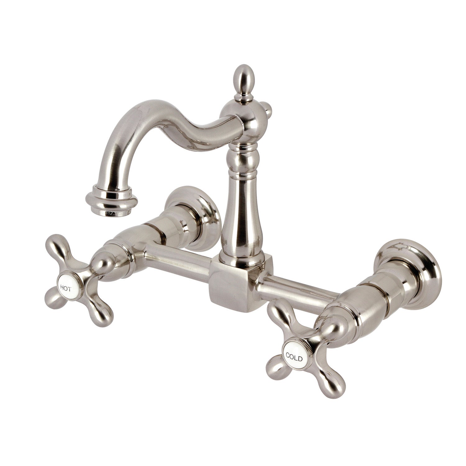 Kingston Heirloom KS1268AX - Heritage Two-Handle 2-Hole Wall Mount Bridge Kitchen Faucet, Brushed Nickel