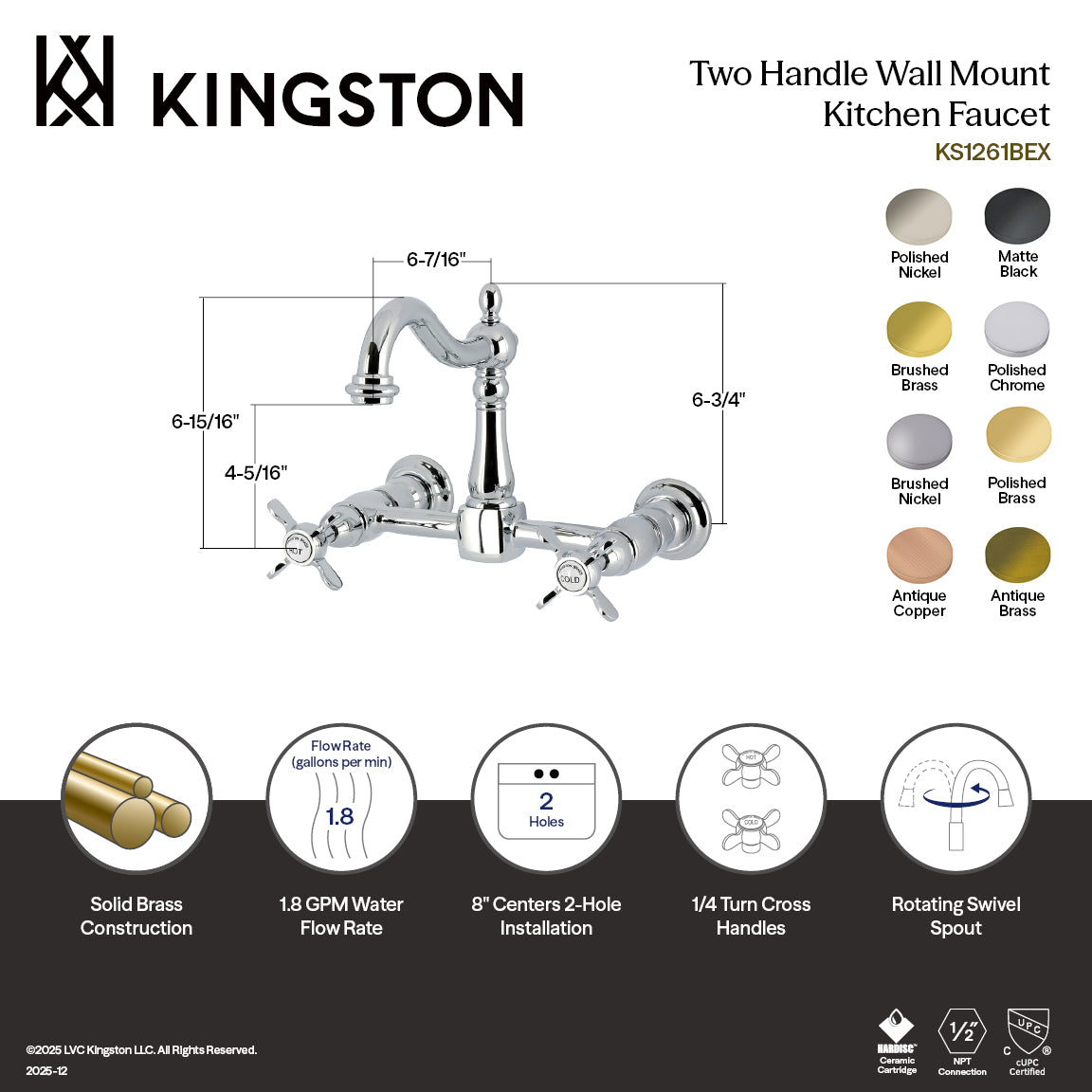 Kingston Heirloom KS1268BEX - Essex Two-Handle 2-Hole Wall Mount Bridge Kitchen Faucet, Brushed Nickel — thumbnail 2