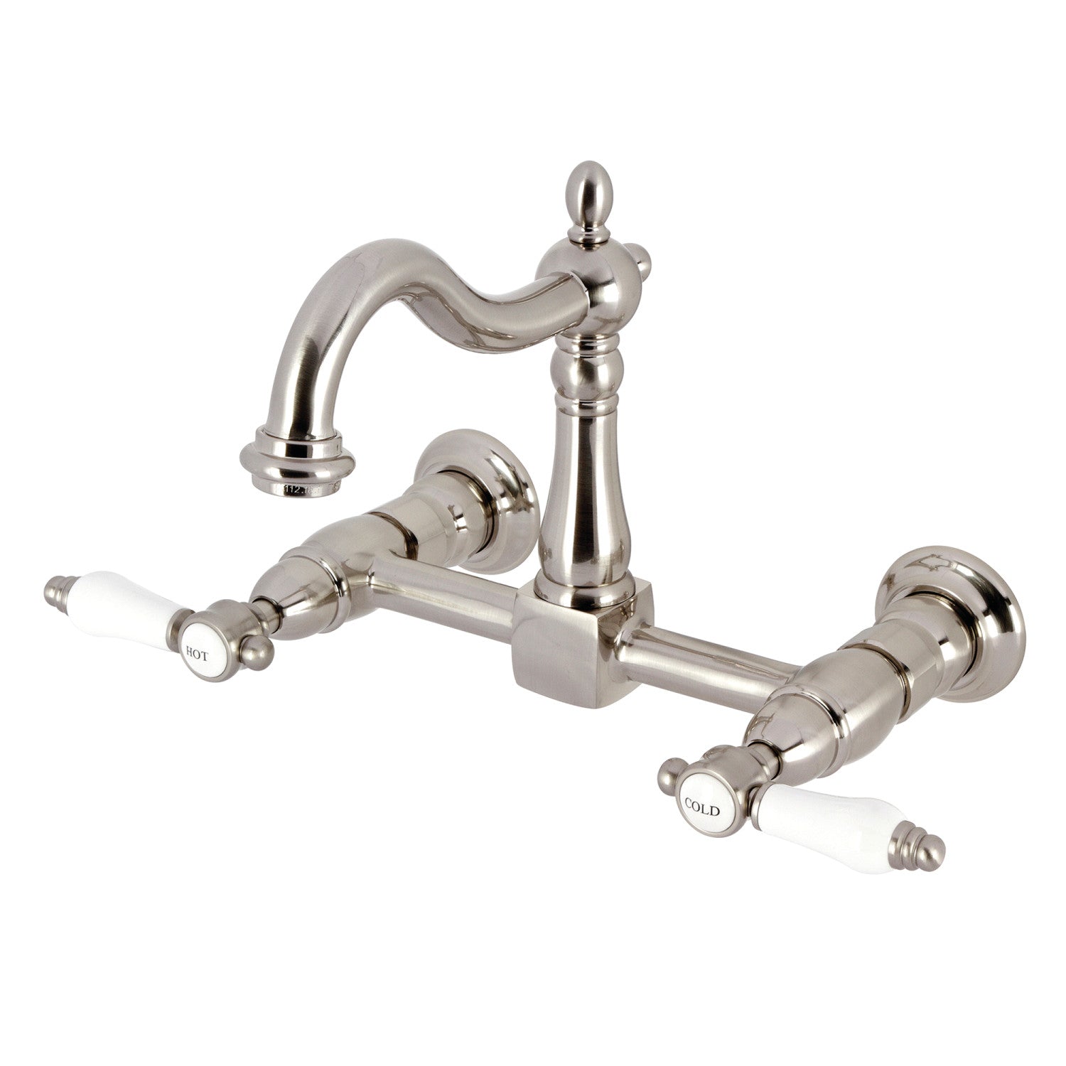 Kingston Heirloom KS1268BPL - Bel-Air Two-Handle 2-Hole Wall Mount Bridge Kitchen Faucet, Brushed Nickel