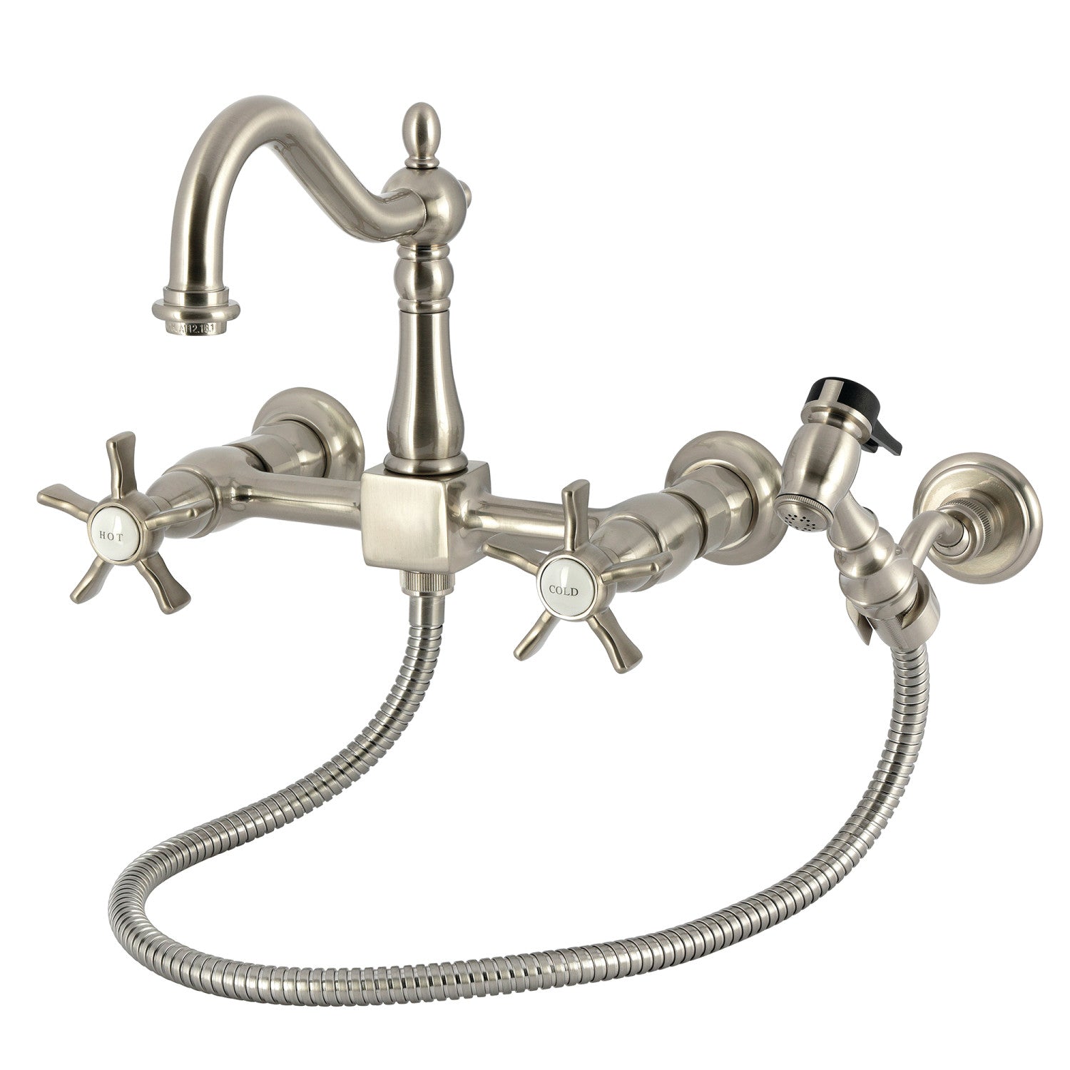 Kingston Heirloom KS1268NXBS - Hamilton Two-Handle 3-Hole Wall Mount Bridge Kitchen Faucet with Brass Sprayer, Brushed Nickel