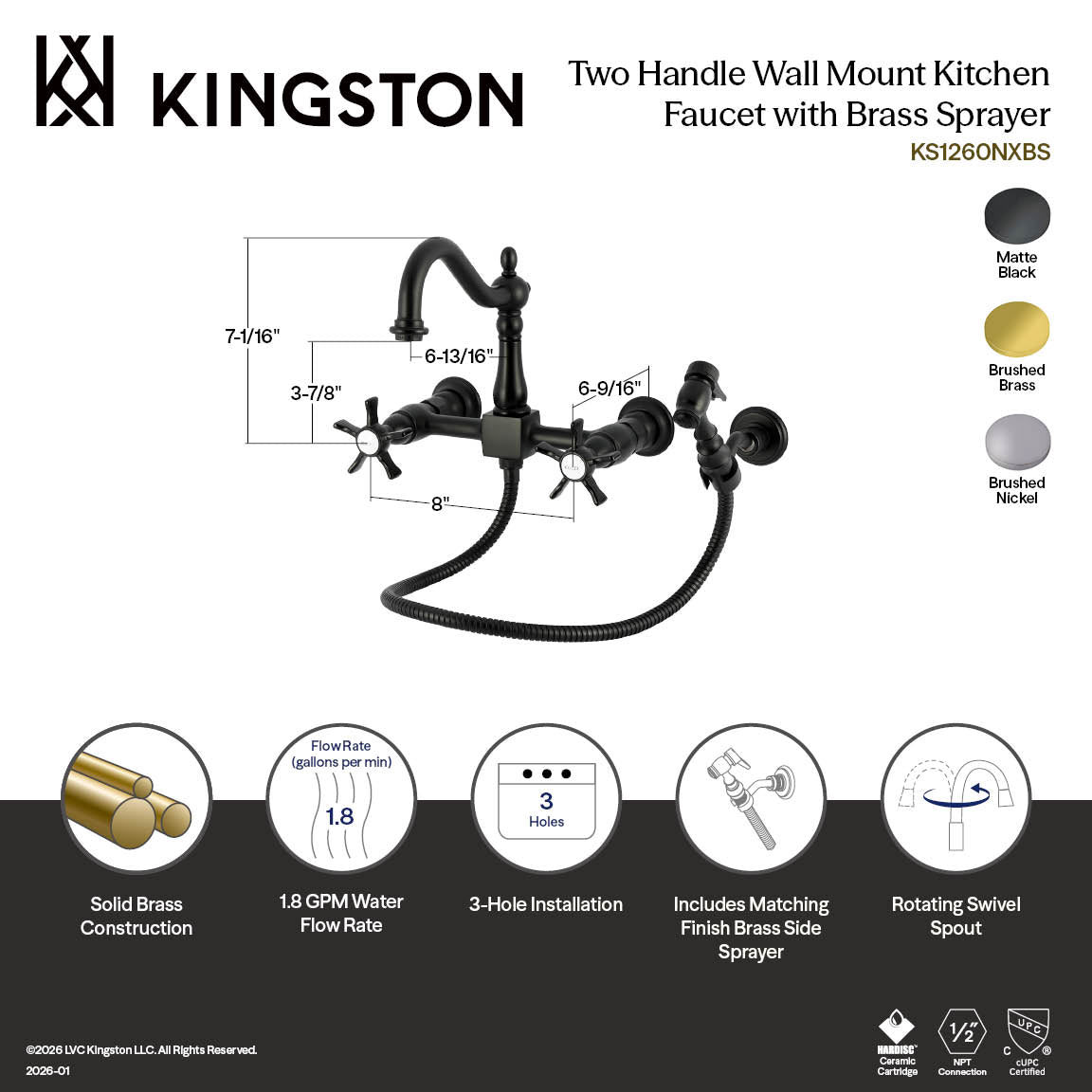 Kingston Heirloom KS1268NXBS - Hamilton Two-Handle 3-Hole Wall Mount Bridge Kitchen Faucet with Brass Sprayer, Brushed Nickel — thumbnail 2