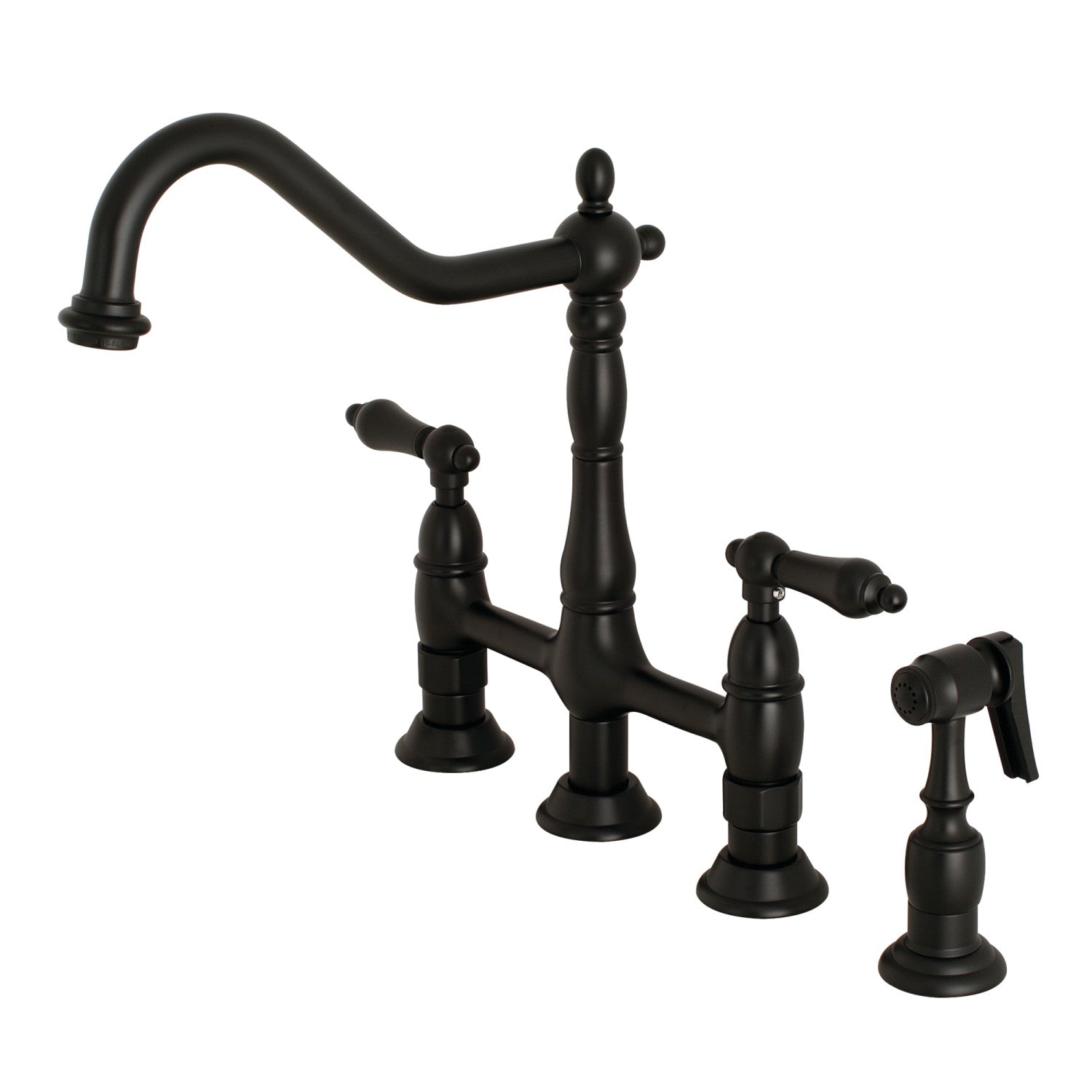 Kingston Heirloom KS1270ALBS - Heritage Two-Handle 4-Hole Deck Mount Bridge Kitchen Faucet with Brass Sprayer, Matte Black