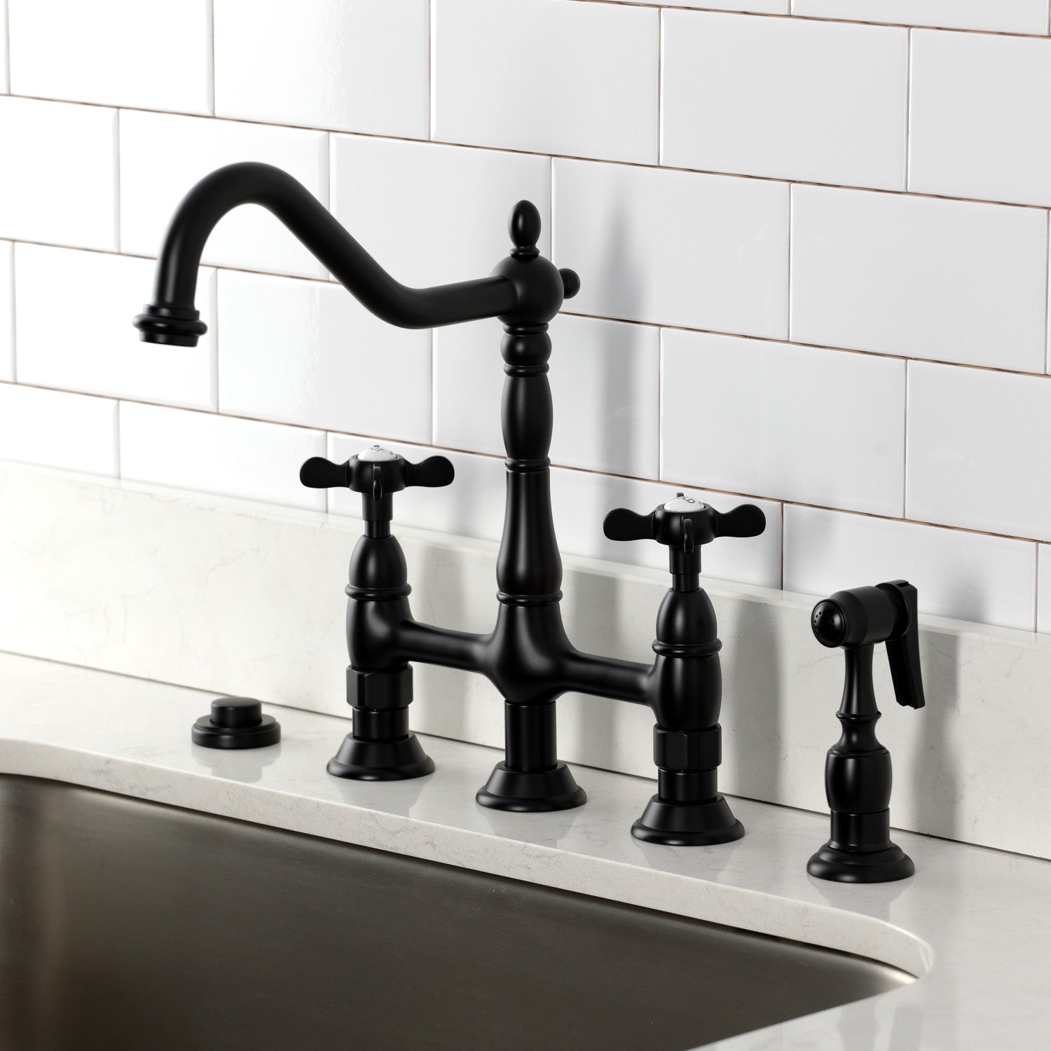 Kingston Heirloom KS1270BEXBS - Essex Two-Handle 4-Hole Deck Mount Bridge Kitchen Faucet with Brass Sprayer, Matte Black — thumbnail 2