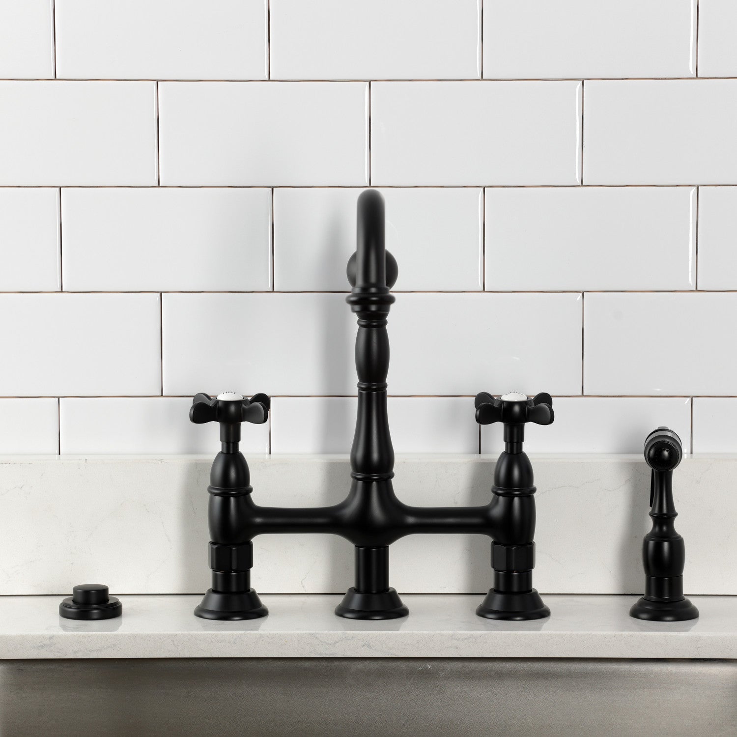 Kingston Heirloom KS1270BEXBS - Essex Two-Handle 4-Hole Deck Mount Bridge Kitchen Faucet with Brass Sprayer, Matte Black — thumbnail 3