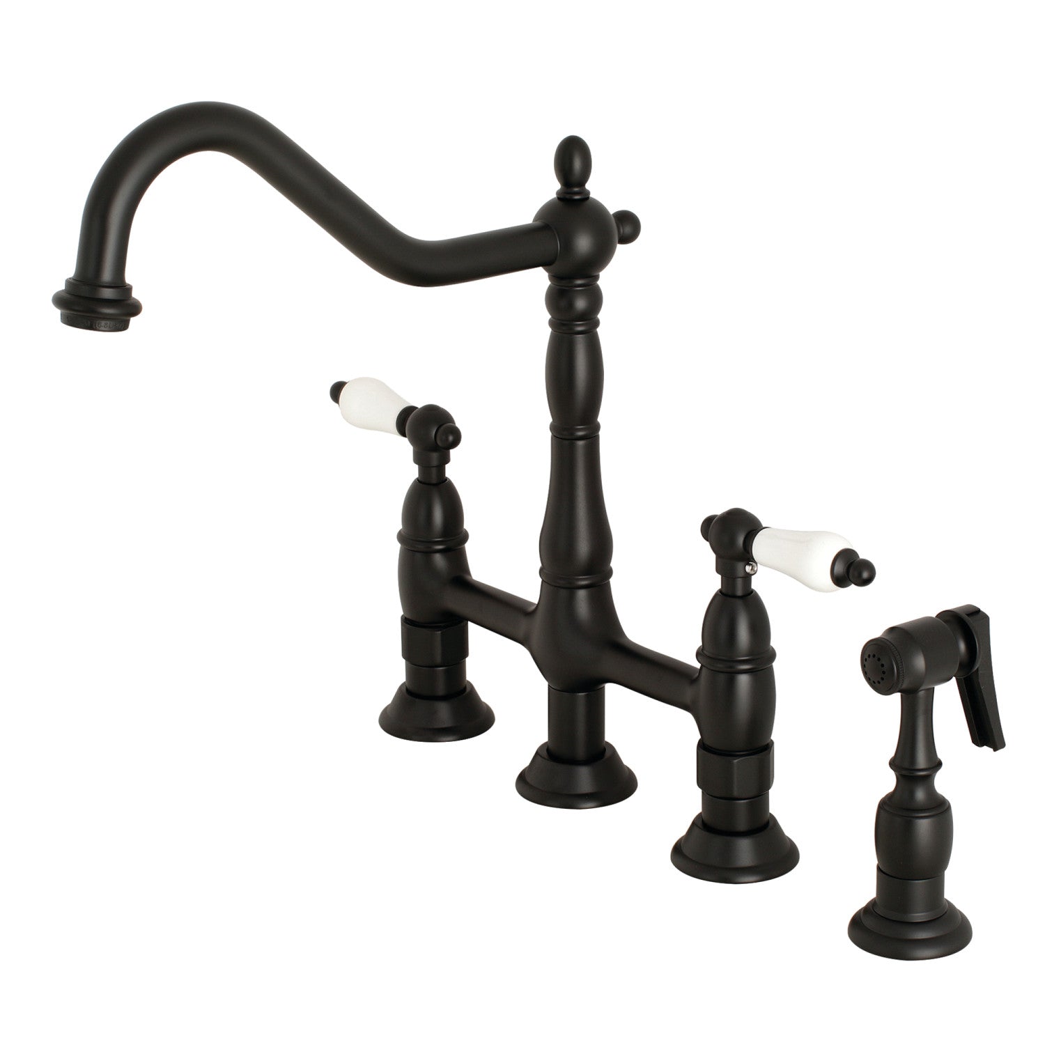 Kingston Heirloom KS1270PLBS - Heritage Two-Handle 4-Hole Deck Mount Bridge Kitchen Faucet with Brass Sprayer, Matte Black
