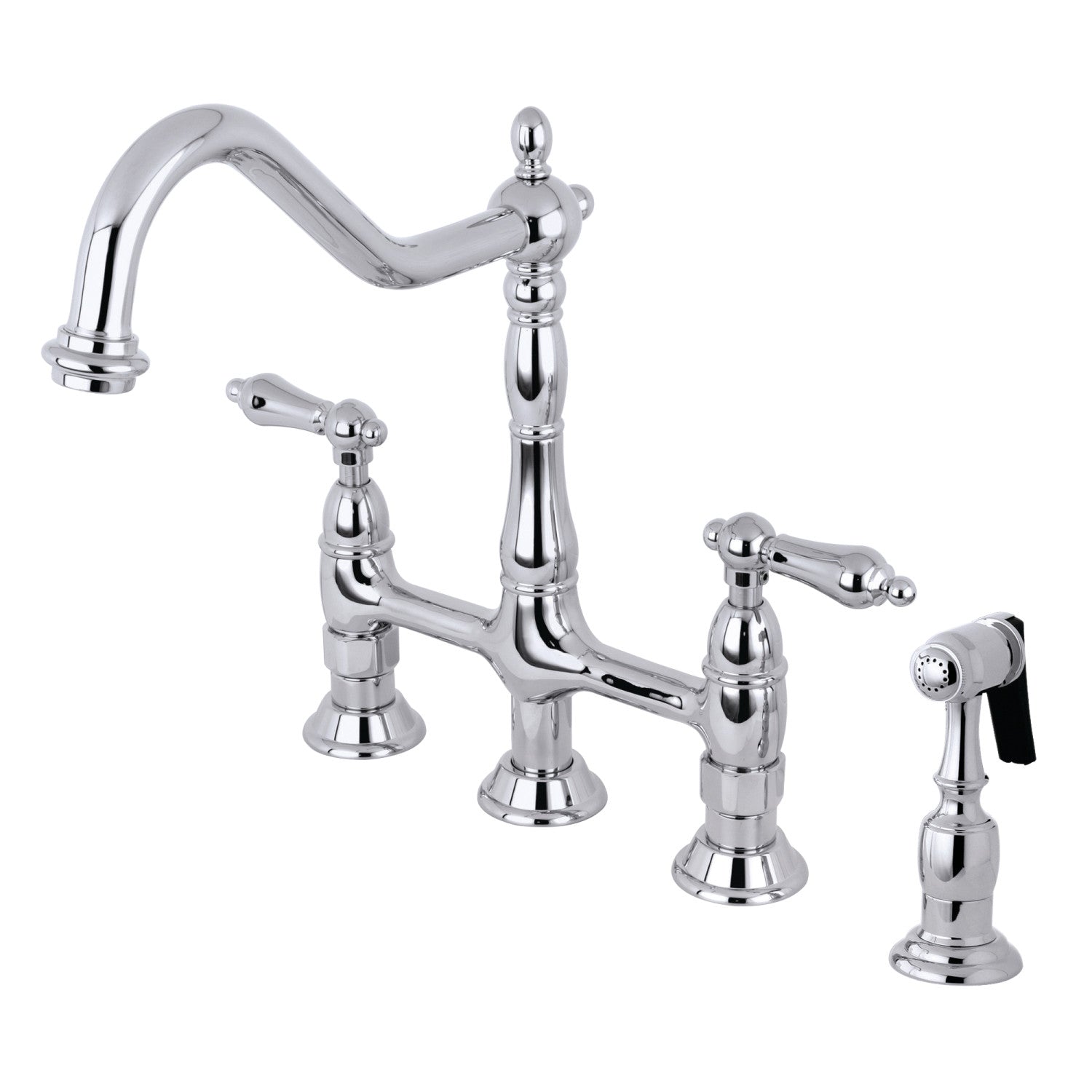 Kingston Heirloom KS1271ALBS - Heritage Two-Handle 4-Hole Deck Mount Bridge Kitchen Faucet with Brass Sprayer, Polished Chrome