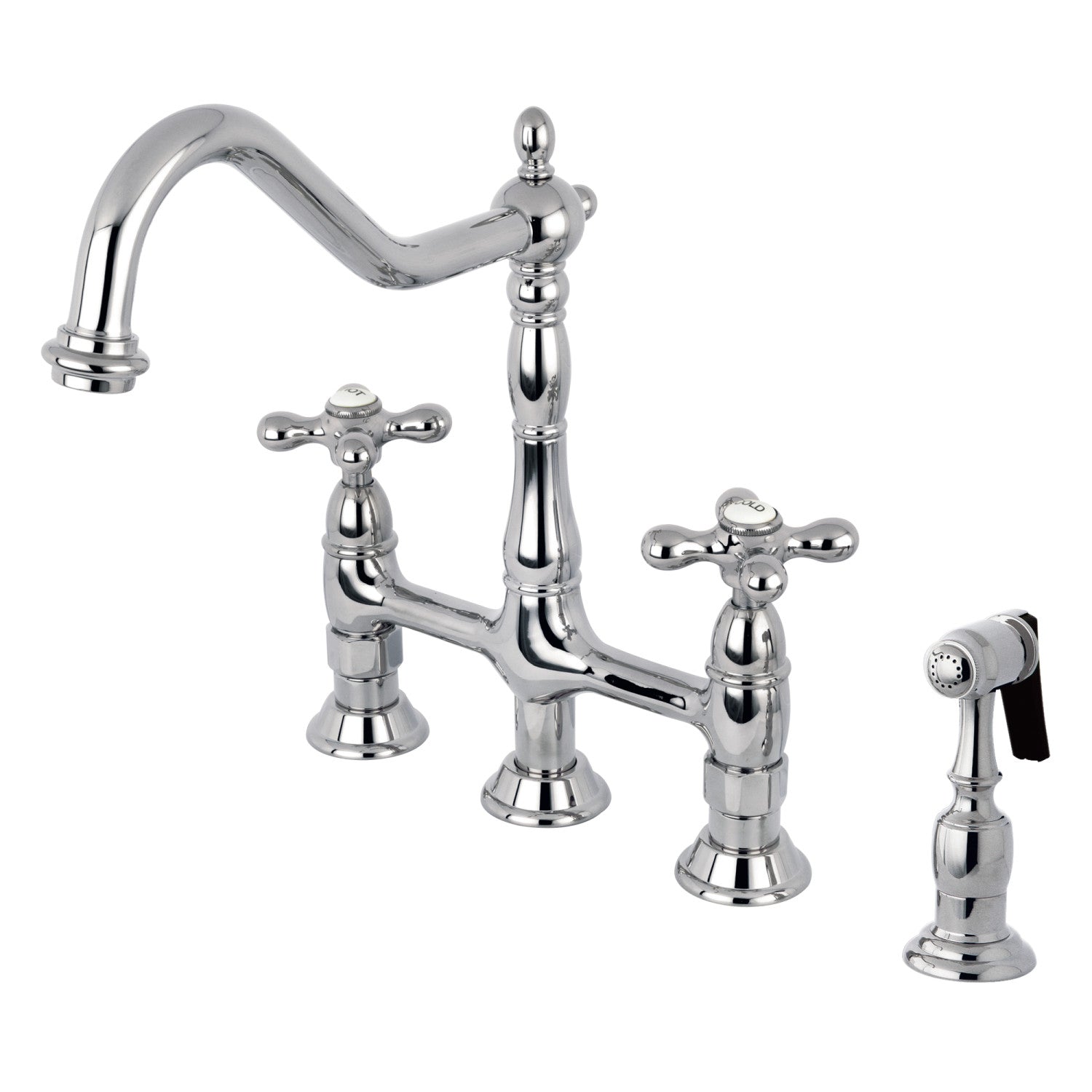 Kingston Heirloom KS1271AXBS - Heritage Two-Handle 4-Hole Deck Mount Bridge Kitchen Faucet with Brass Sprayer, Polished Chrome