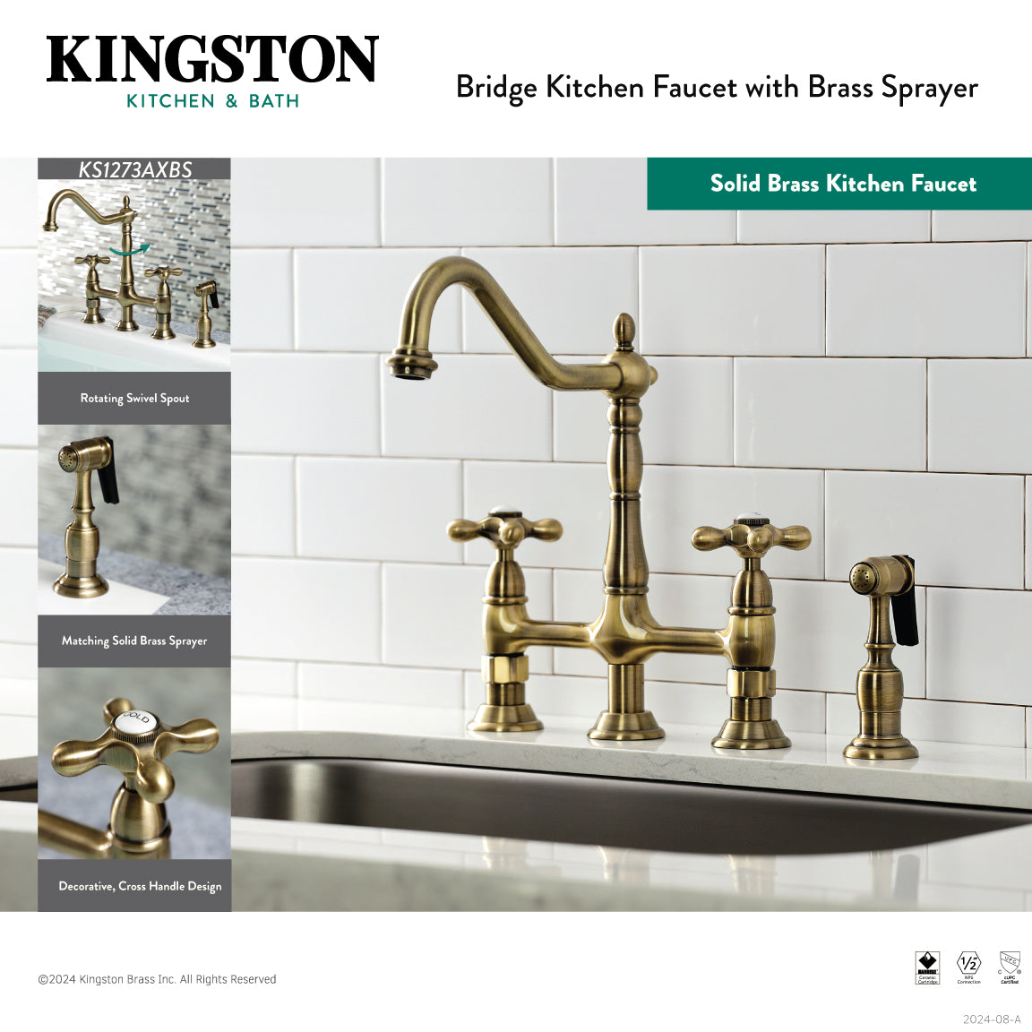 Kingston Heirloom KS1271AXBS - Heritage Two-Handle 4-Hole Deck Mount Bridge Kitchen Faucet with Brass Sprayer, Polished Chrome — thumbnail 3