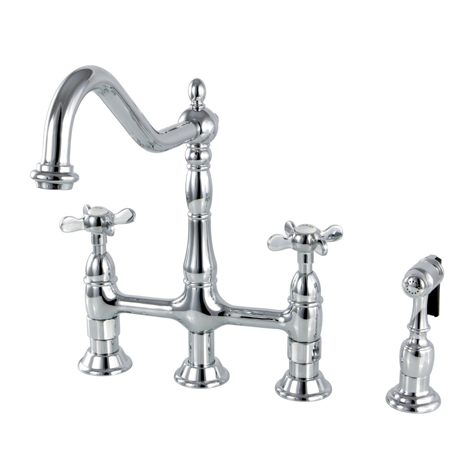 Kingston Heirloom KS1271BEXBS - Essex Two-Handle 4-Hole Deck Mount Bridge Kitchen Faucet with Brass Sprayer, Polished Chrome