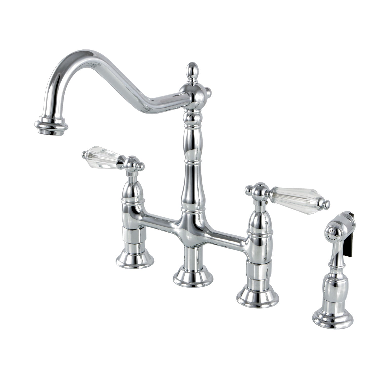 Kingston Heirloom KS1271WLLBS - Wilshire Two-Handle 4-Hole Deck Mount Bridge Kitchen Faucet with Brass Sprayer, Polished Chrome — image 1