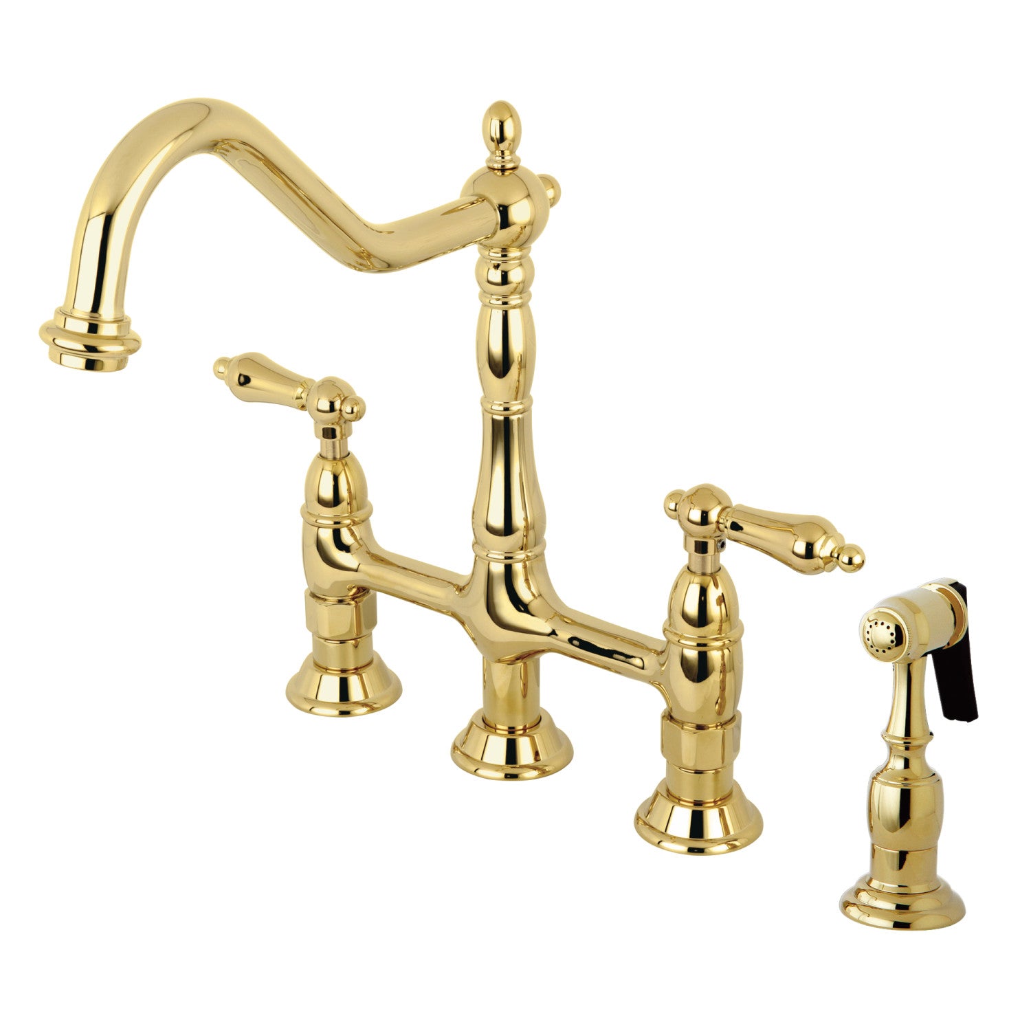 Kingston Heirloom KS1272ALBS - Heritage Two-Handle 4-Hole Deck Mount Bridge Kitchen Faucet with Brass Sprayer, Polished Brass — image 1