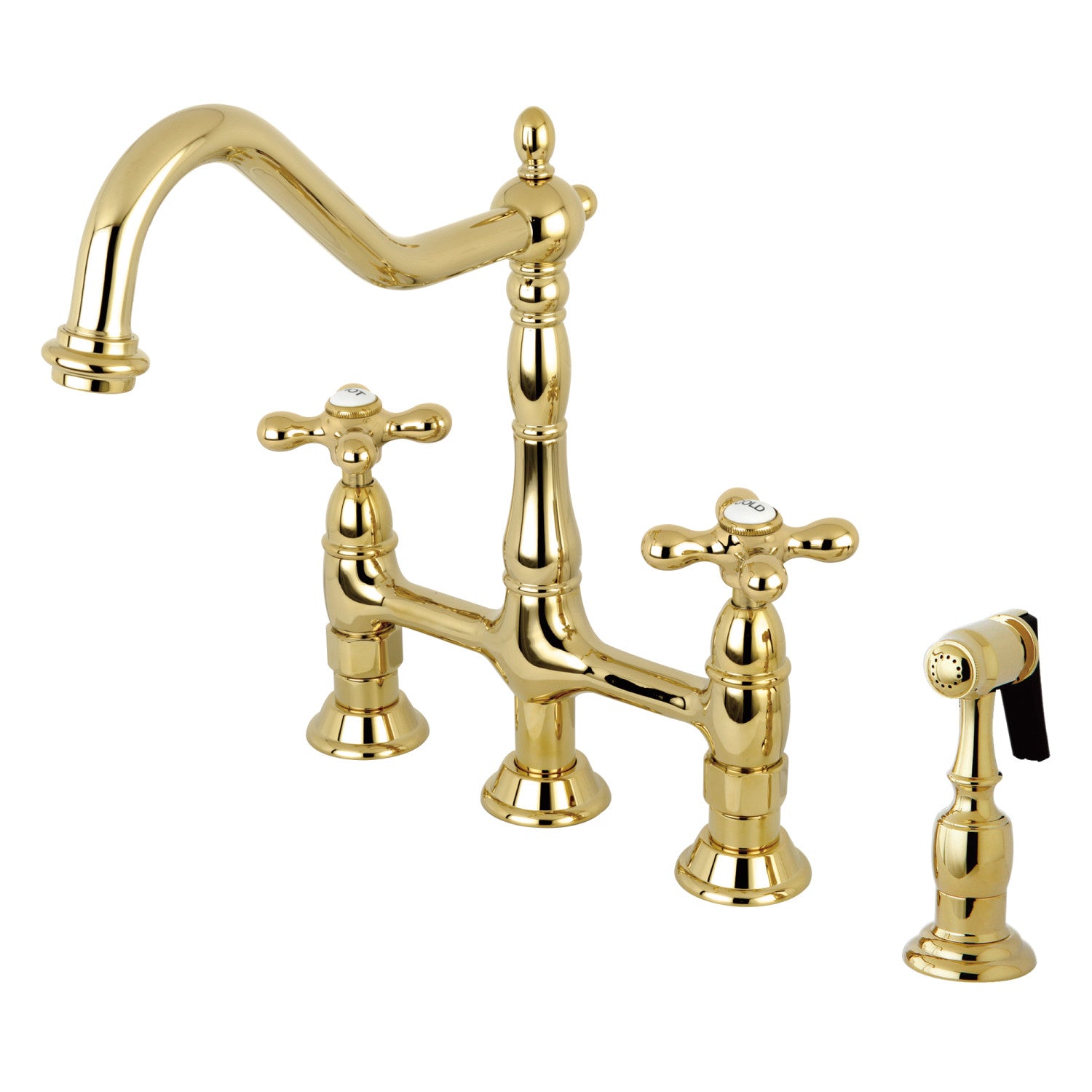 Kingston Heirloom KS1272AXBS - Heritage Two-Handle 4-Hole Deck Mount Bridge Kitchen Faucet with Brass Sprayer, Polished Brass