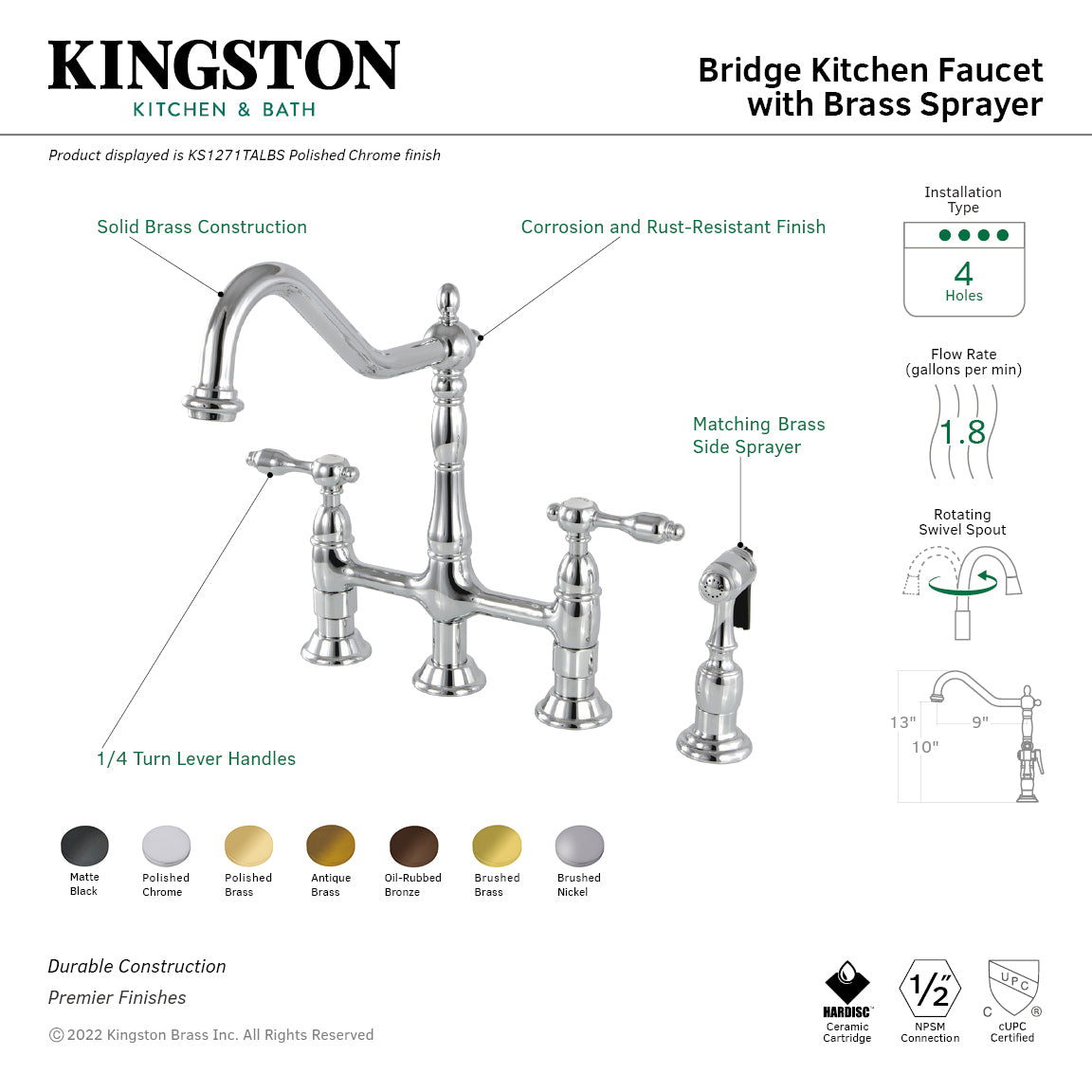 Kingston Heirloom KS1272TALBS - Tudor Two-Handle 4-Hole Deck Mount Bridge Kitchen Faucet with Brass Sprayer, Polished Brass — thumbnail 2