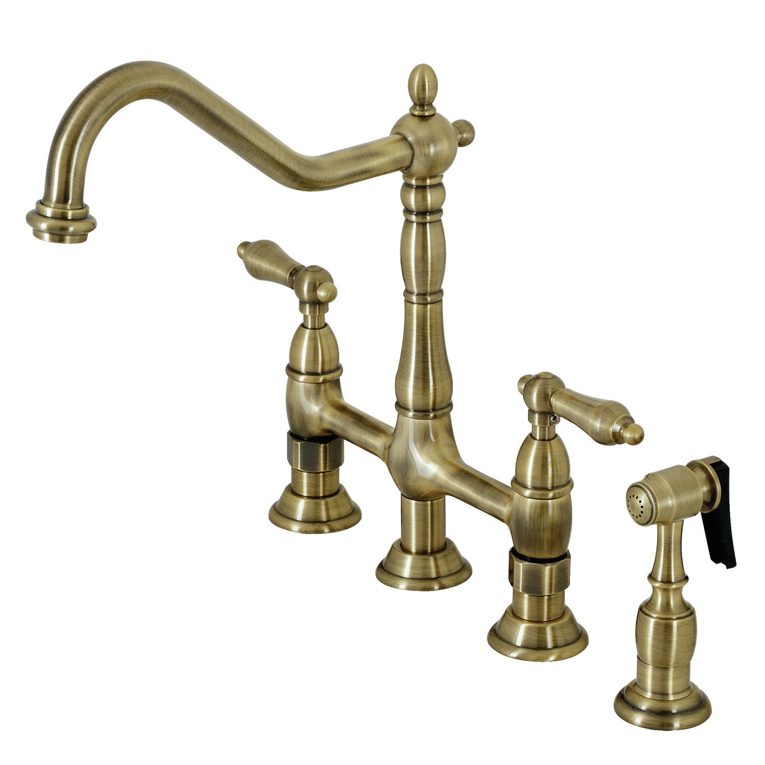 Kingston Heirloom KS1273ALBS - Heritage Two-Handle 4-Hole Deck Mount Bridge Kitchen Faucet with Brass Sprayer, Antique Brass