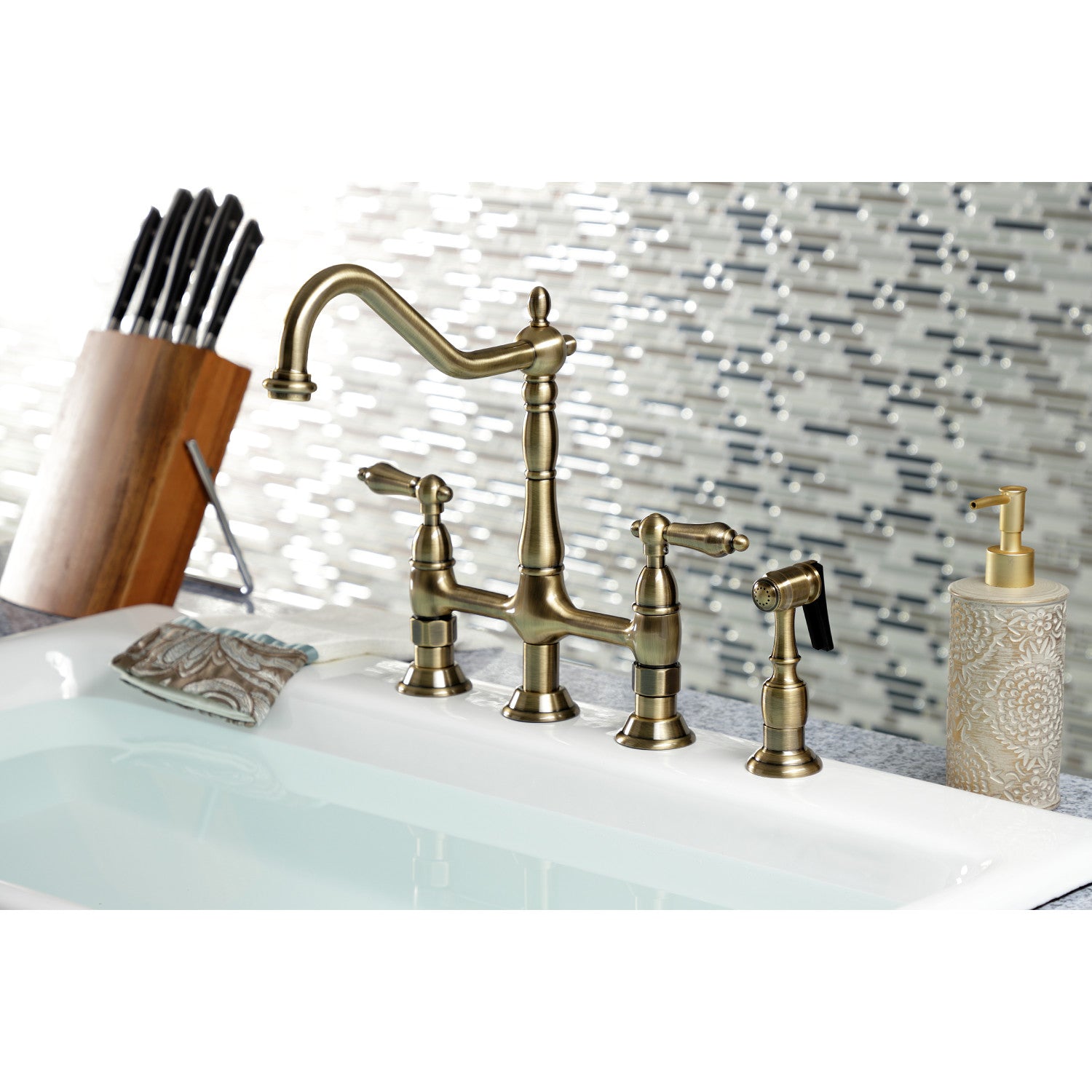 Kingston Heirloom KS1273ALBS - Heritage Two-Handle 4-Hole Deck Mount Bridge Kitchen Faucet with Brass Sprayer, Antique Brass — thumbnail 2
