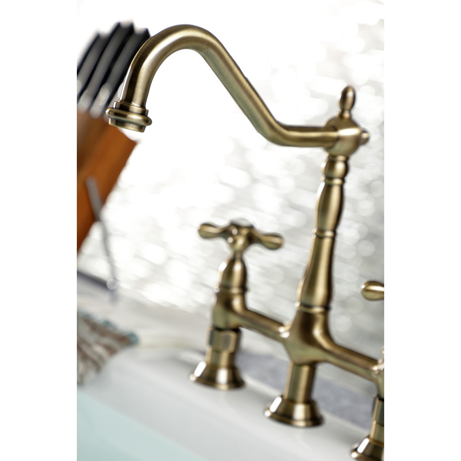 Kingston Heirloom KS1273AXBS - Heritage Two-Handle 4-Hole Deck Mount Bridge Kitchen Faucet with Brass Sprayer, Antique Brass — thumbnail 3