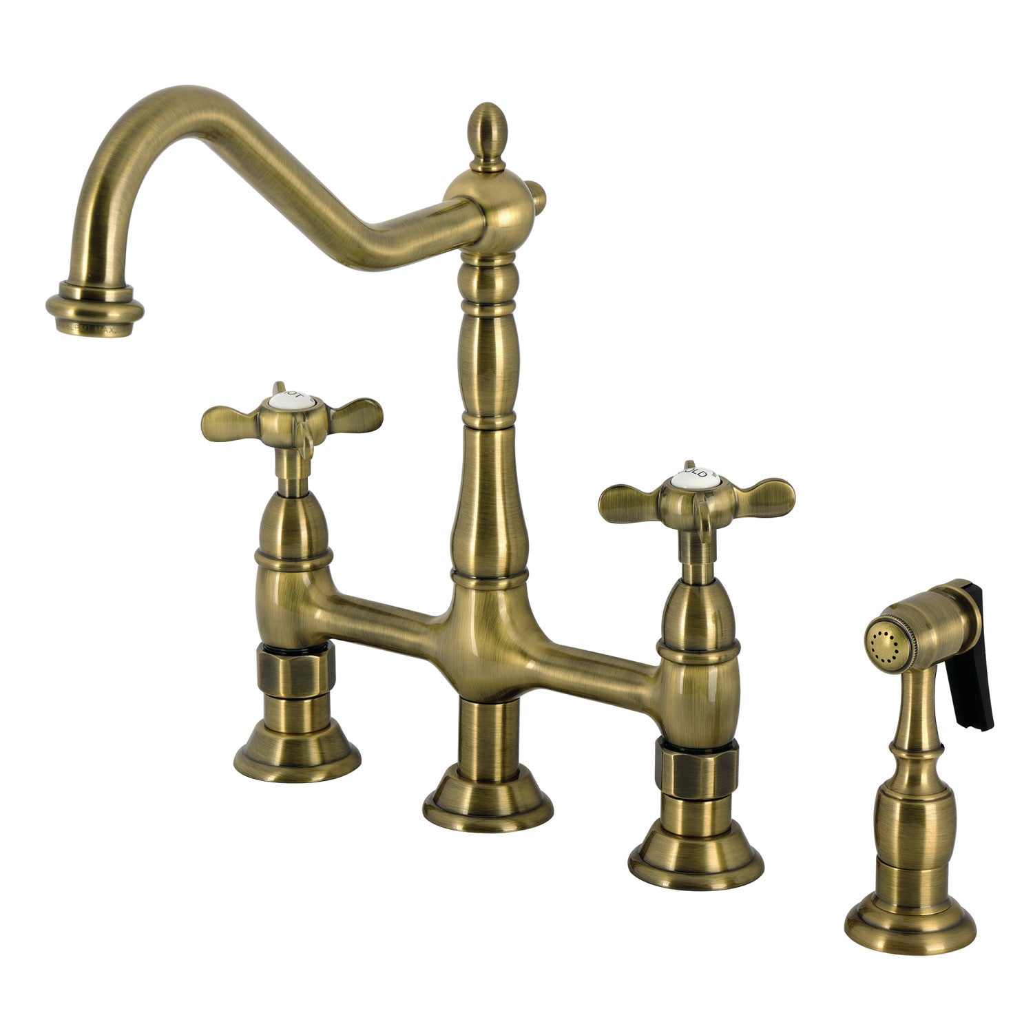Kingston Heirloom KS1273BEXBS - Essex Two-Handle 4-Hole Deck Mount Bridge Kitchen Faucet with Brass Sprayer, Antique Brass
