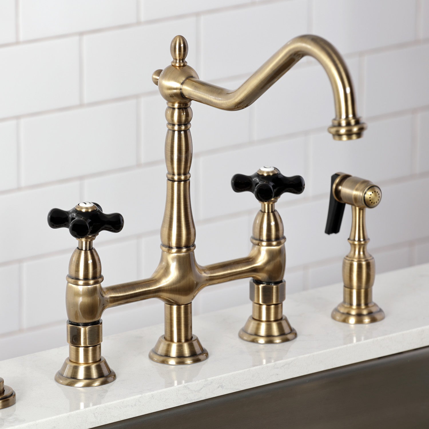Kingston Heirloom KS1273PKXBS - Duchess Two-Handle 4-Hole Deck Mount Bridge Kitchen Faucet with Brass Sprayer, Antique Brass — thumbnail 2