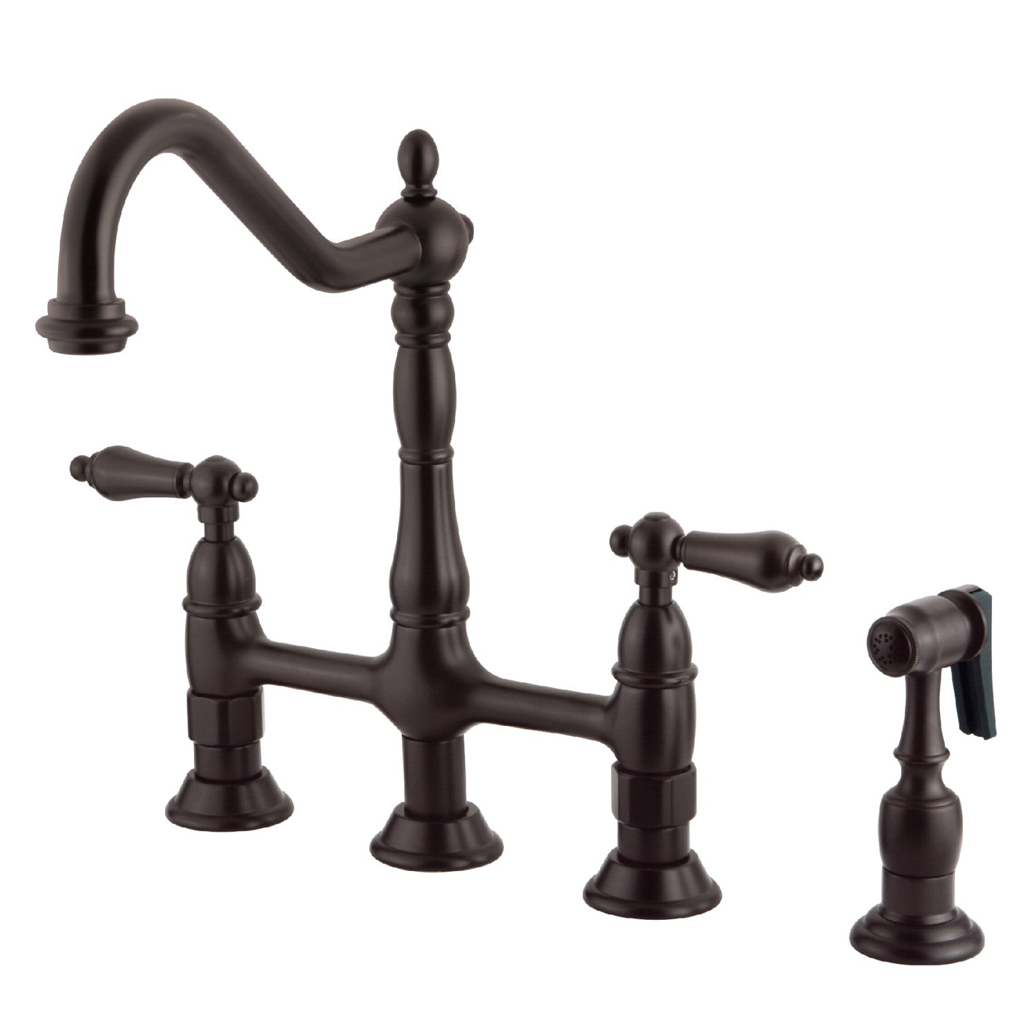 Kingston Heirloom KS1275ALBS - Heritage Two-Handle 4-Hole Deck Mount Bridge Kitchen Faucet with Brass Sprayer, Oil Rubbed Bronze