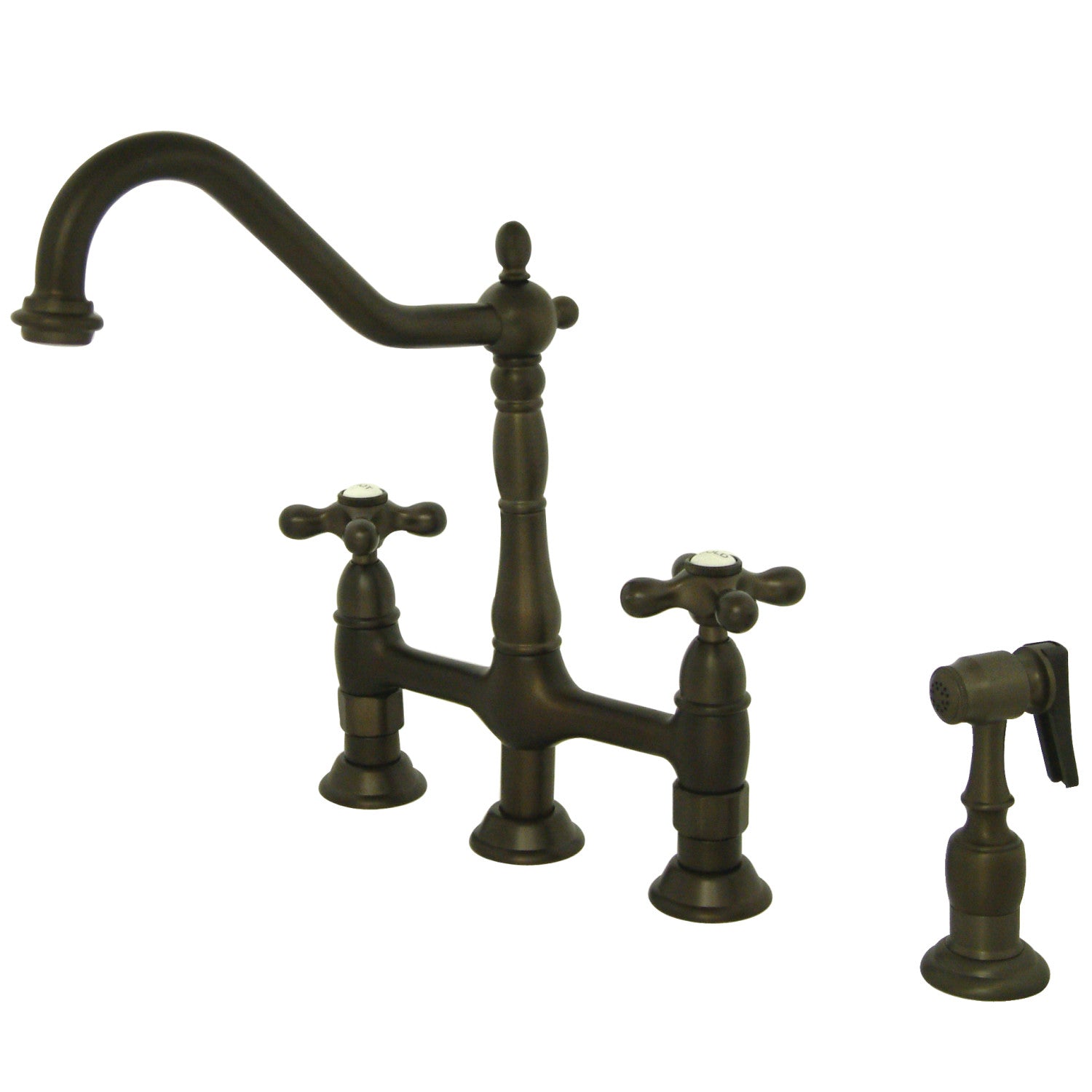 Kingston Heirloom KS1275AXBS - Heritage Two-Handle 4-Hole Deck Mount Bridge Kitchen Faucet with Brass Sprayer, Oil Rubbed Bronze