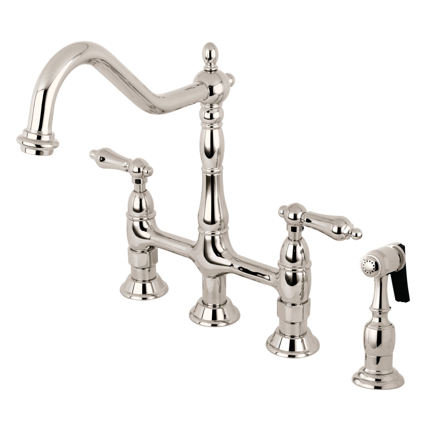 Kingston Heirloom KS1276ALBS - Heritage Two-Handle 4-Hole Deck Mount Bridge Kitchen Faucet with Brass Sprayer, Polished Nickel — image 1