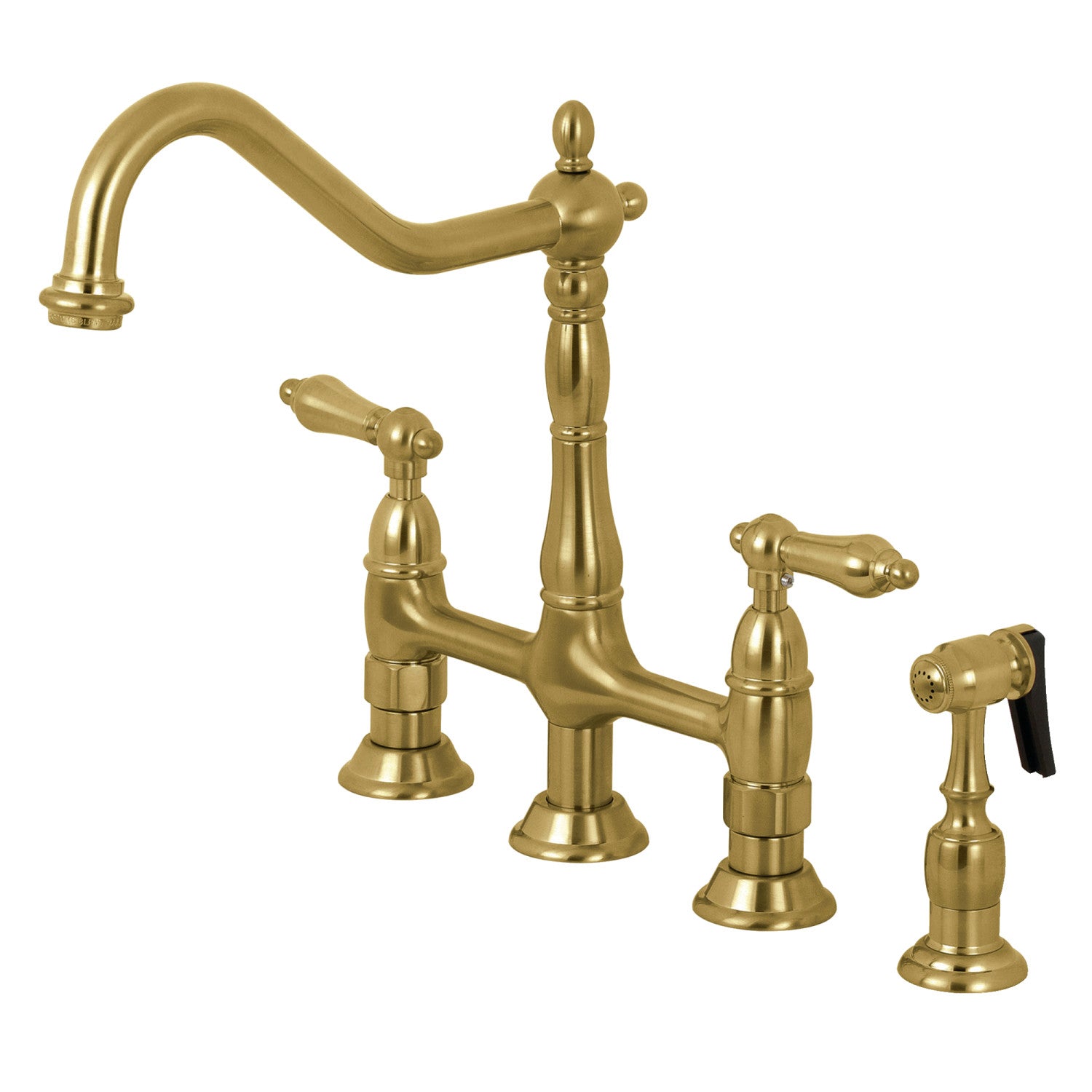 Kingston Heirloom KS1277ALBS - Heritage Two-Handle 4-Hole Deck Mount Bridge Kitchen Faucet with Brass Sprayer, Brushed Brass