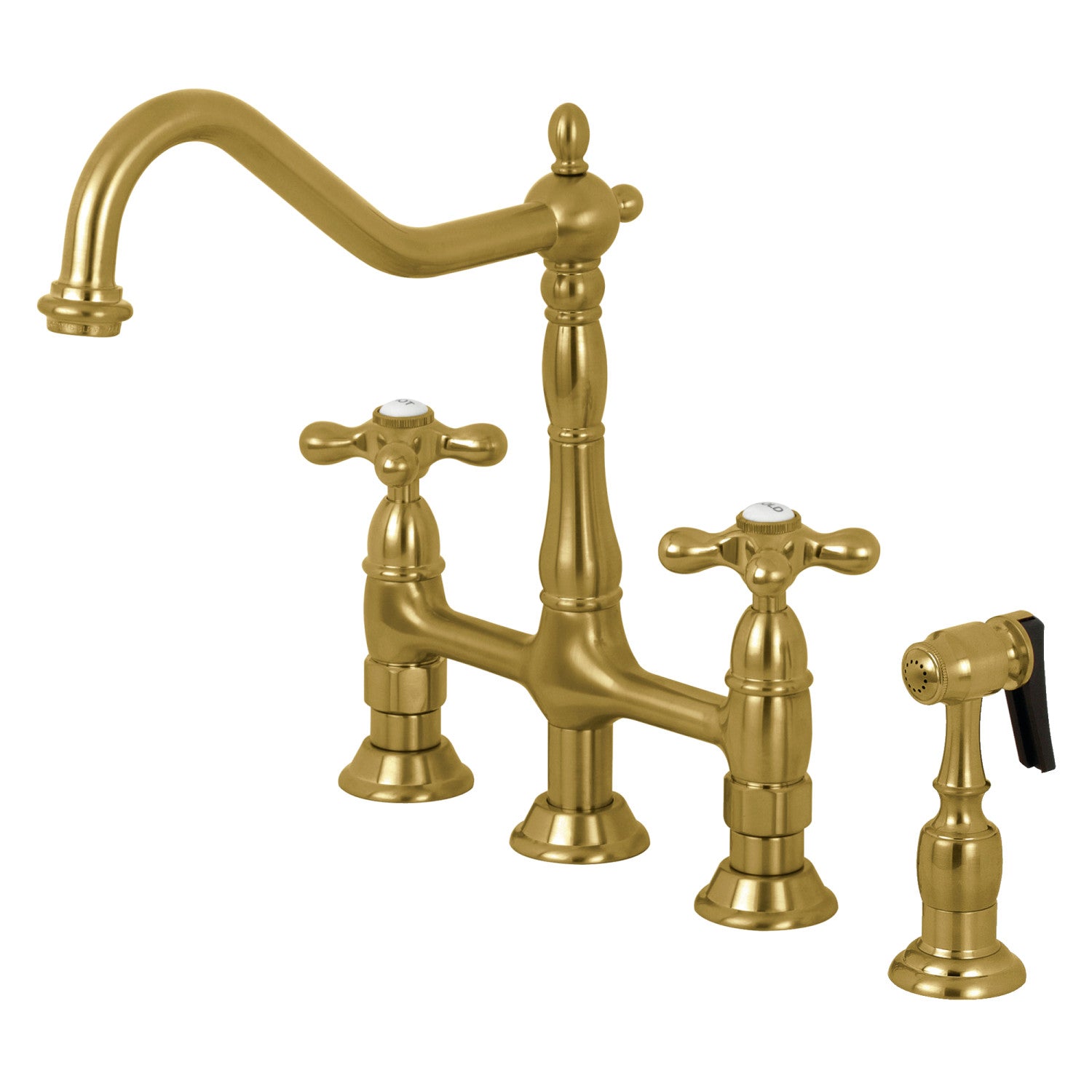 Kingston Heirloom KS1277AXBS - Heritage Two-Handle 4-Hole Deck Mount Bridge Kitchen Faucet with Brass Sprayer, Brushed Brass