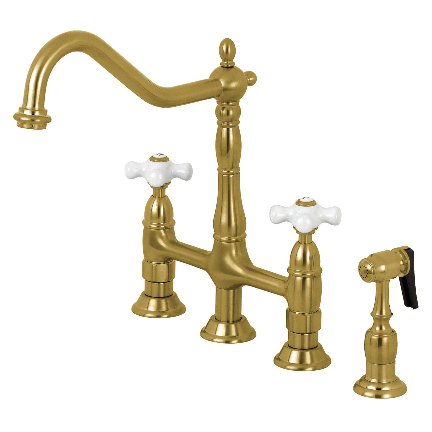 Kingston Heirloom KS1277PXBS - Heritage Two-Handle 4-Hole Deck Mount Bridge Kitchen Faucet with Brass Sprayer, Brushed Brass