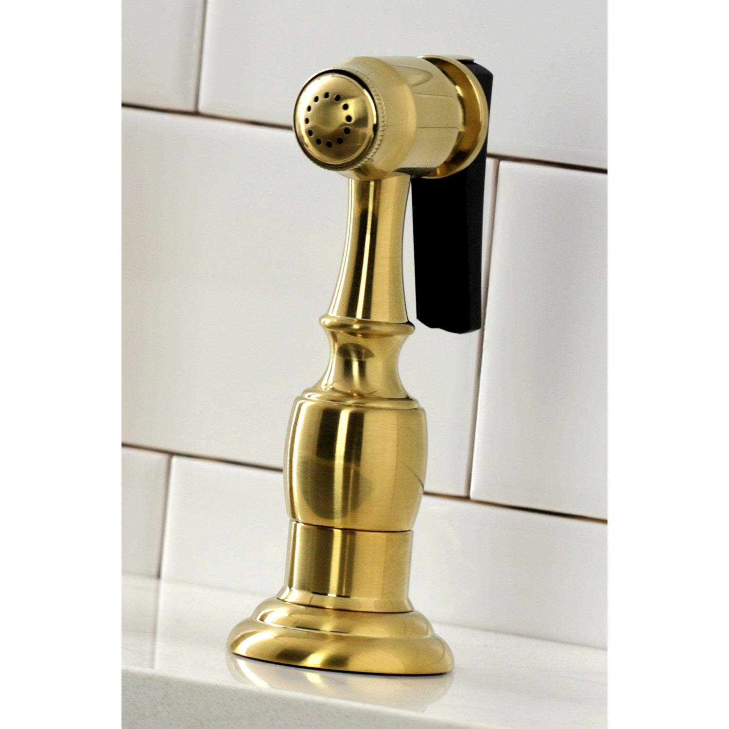 Kingston Heirloom KS1277PXBS - Heritage Two-Handle 4-Hole Deck Mount Bridge Kitchen Faucet with Brass Sprayer, Brushed Brass — thumbnail 3