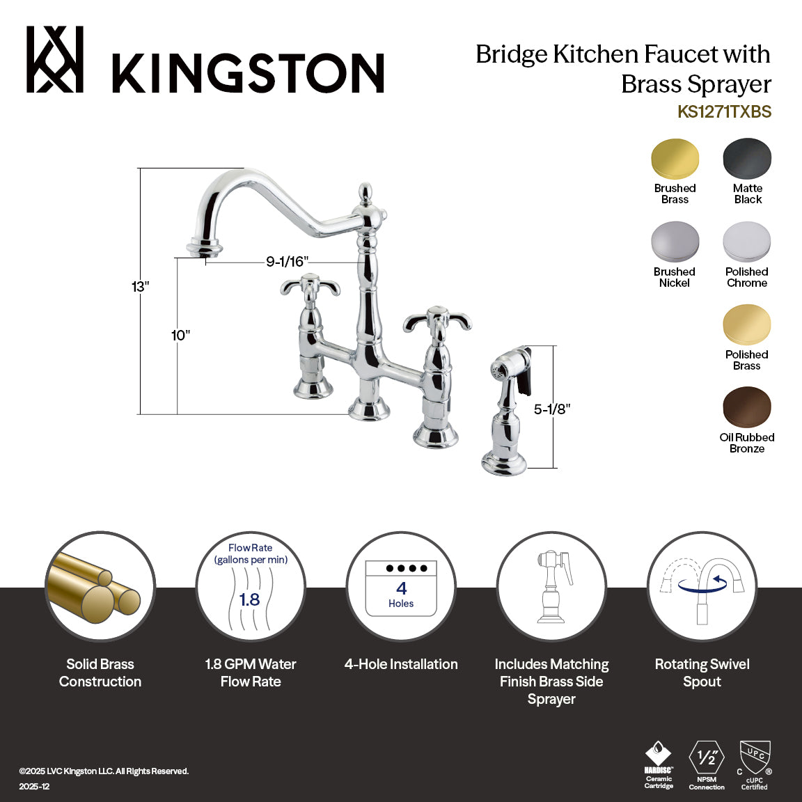 Kingston Heirloom KS1277TXBS - French Country Two-Handle 4-Hole Deck Mount Bridge Kitchen Faucet with Brass Sprayer, Brushed Brass — thumbnail 2