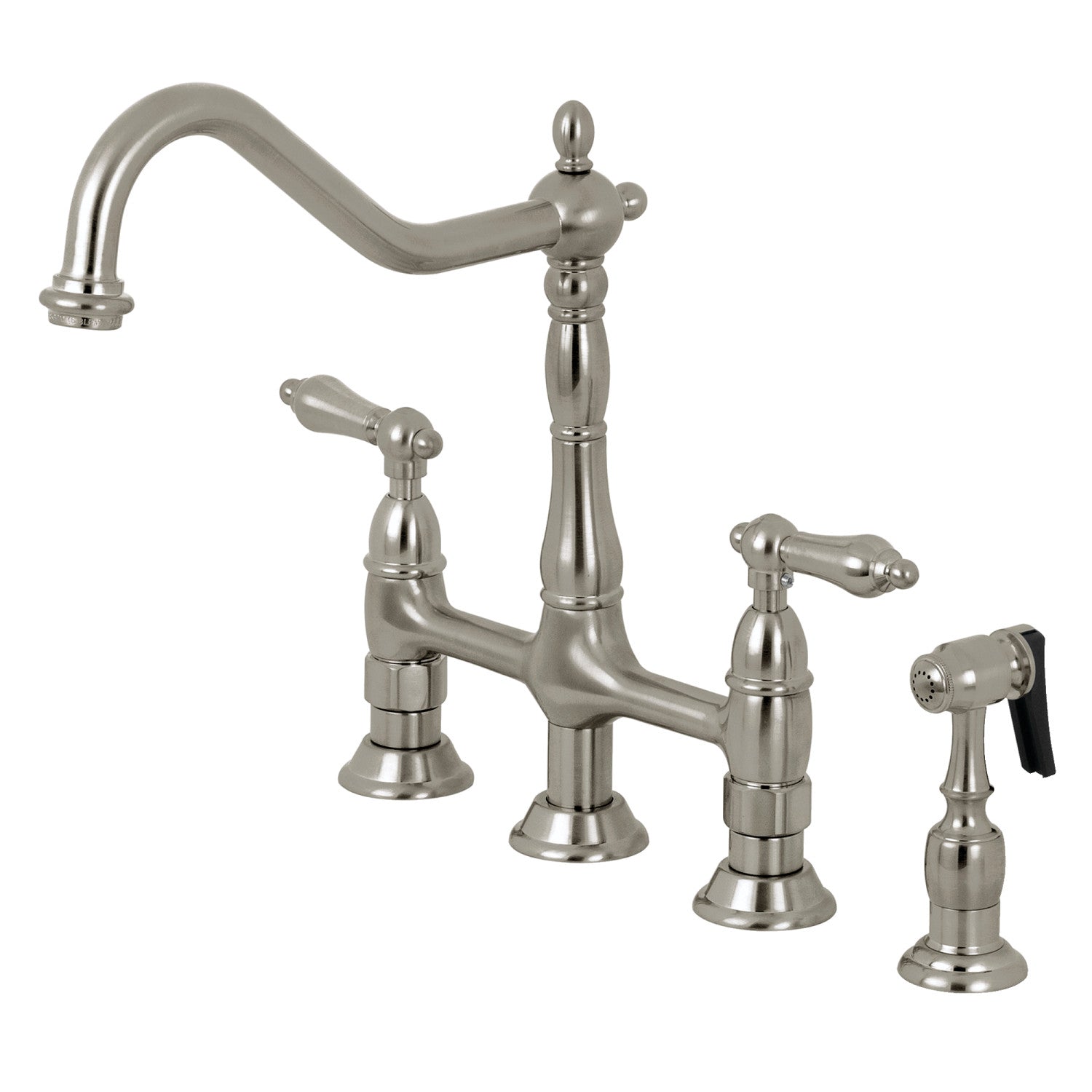 Kingston Heirloom KS1278ALBS - Heritage Two-Handle 4-Hole Deck Mount Bridge Kitchen Faucet with Brass Sprayer, Brushed Nickel