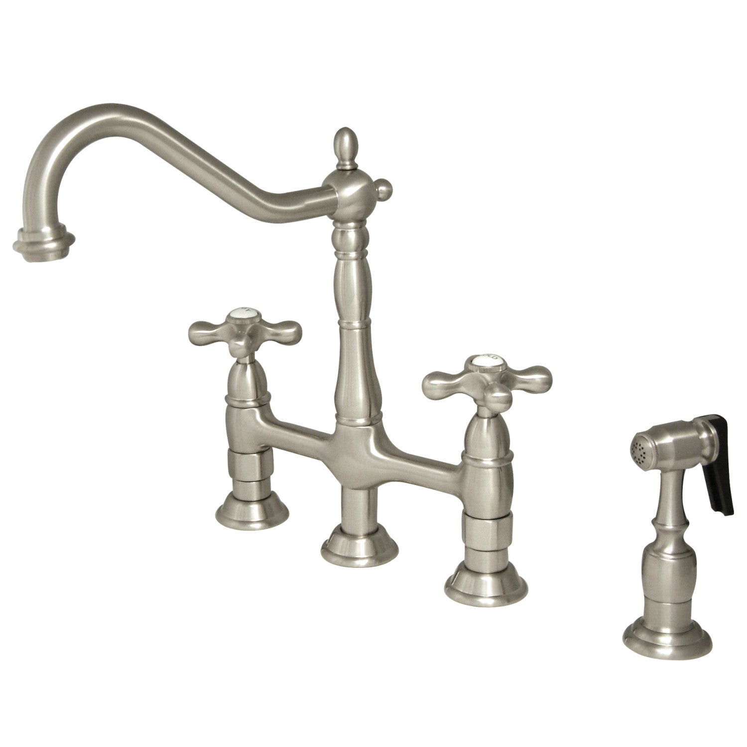 Kingston Heirloom KS1278AXBS - Heritage Two-Handle 4-Hole Deck Mount Bridge Kitchen Faucet with Brass Sprayer, Brushed Nickel