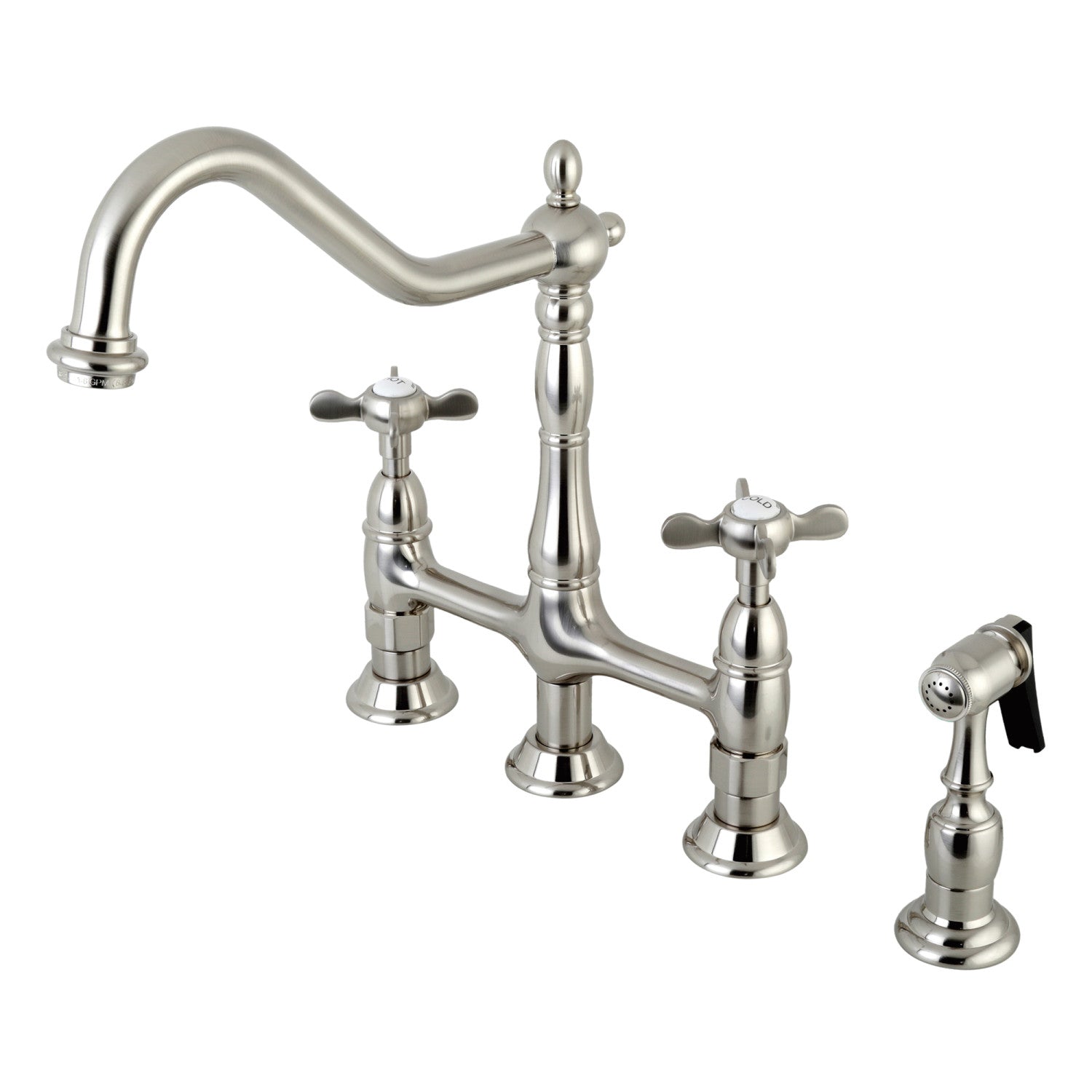 Kingston Heirloom KS1278BEXBS - Essex Two-Handle 4-Hole Deck Mount Bridge Kitchen Faucet with Brass Sprayer, Brushed Nickel — image 1