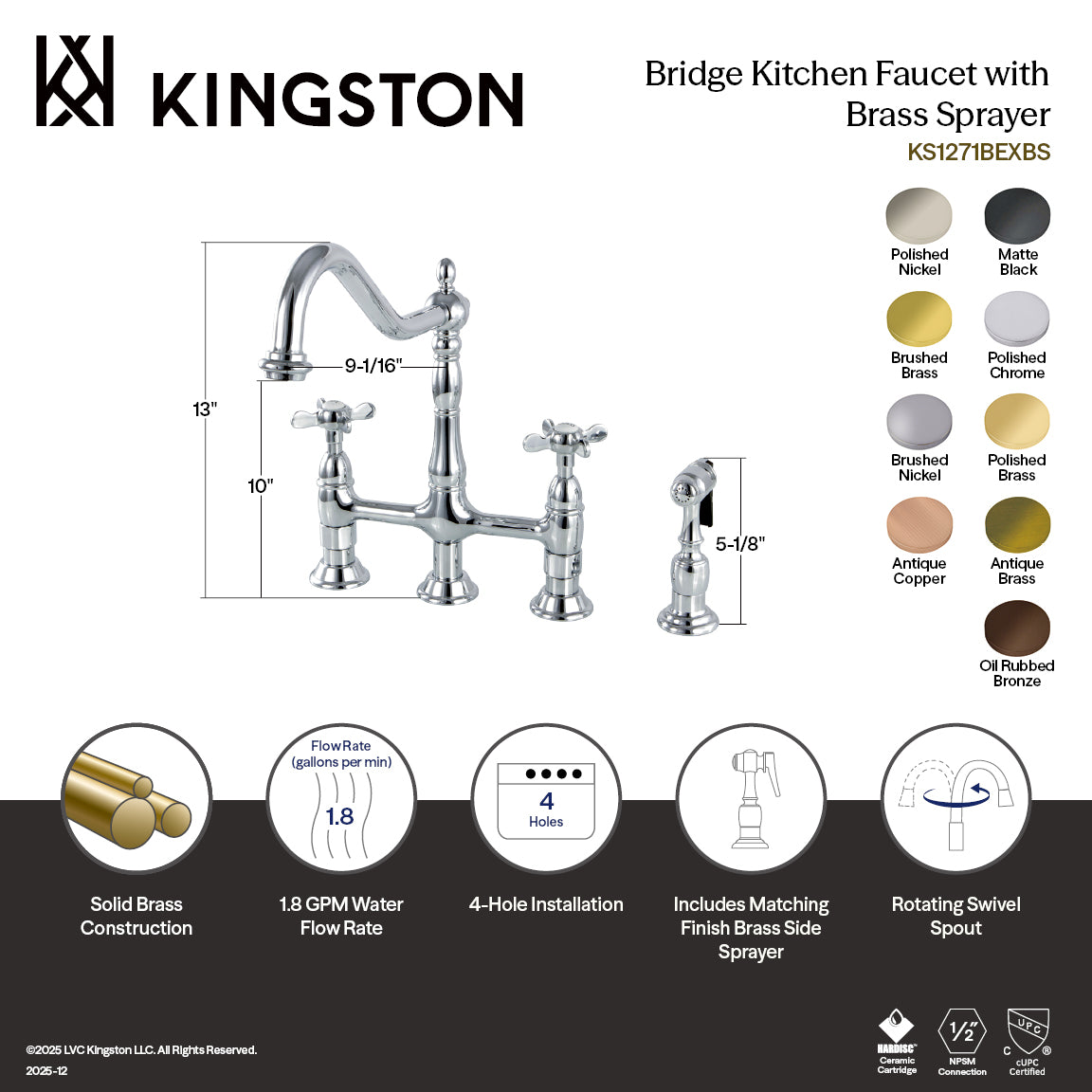 Kingston Heirloom KS1278BEXBS - Essex Two-Handle 4-Hole Deck Mount Bridge Kitchen Faucet with Brass Sprayer, Brushed Nickel — thumbnail 2