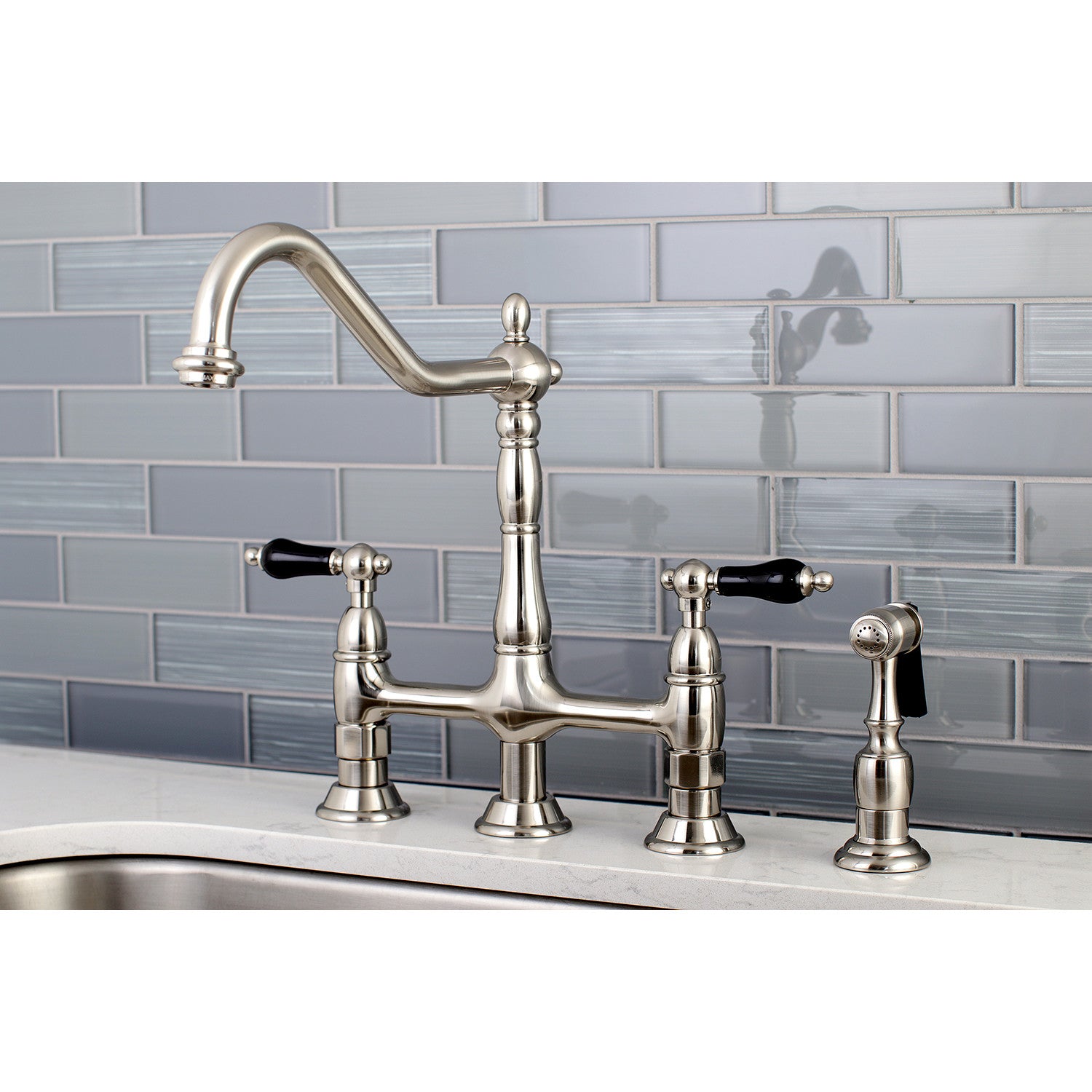 Kingston Heirloom KS1278PKLBS - Duchess Two-Handle 4-Hole Deck Mount Bridge Kitchen Faucet with Brass Sprayer, Brushed Nickel — thumbnail 2