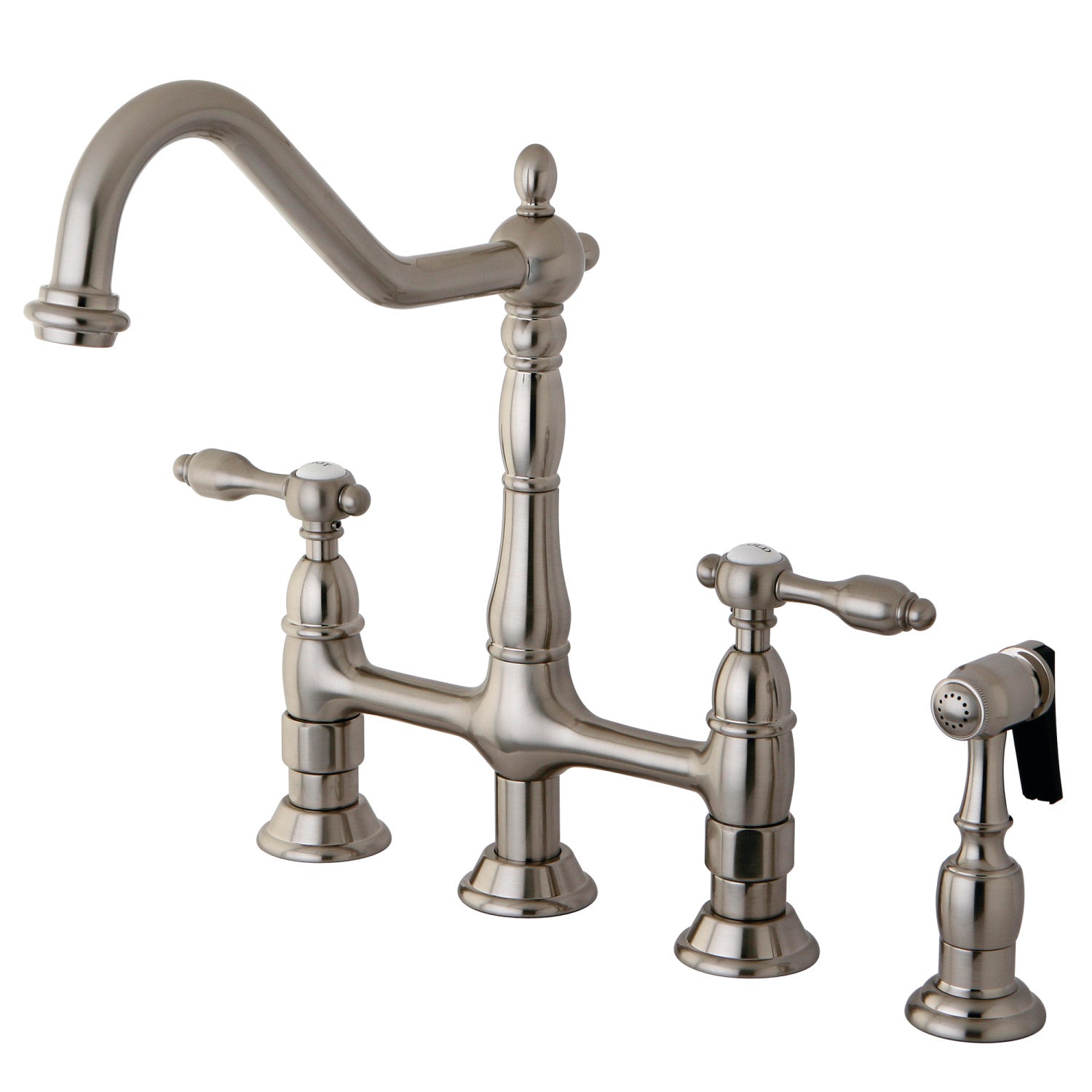 Kingston Heirloom KS1278TALBS - Tudor Two-Handle 4-Hole Deck Mount Bridge Kitchen Faucet with Brass Sprayer, Brushed Nickel