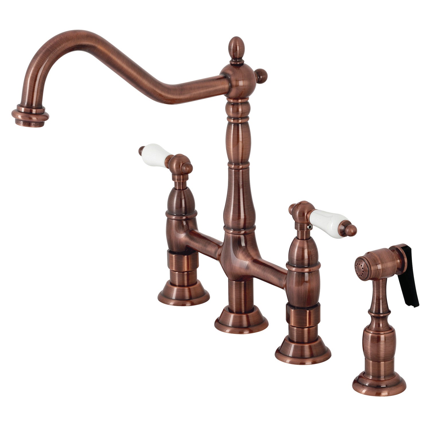Kingston Heirloom KS127PLBSAC - Heritage Two-Handle 4-Hole Deck Mount Bridge Kitchen Faucet with Brass Sprayer, Antique Copper