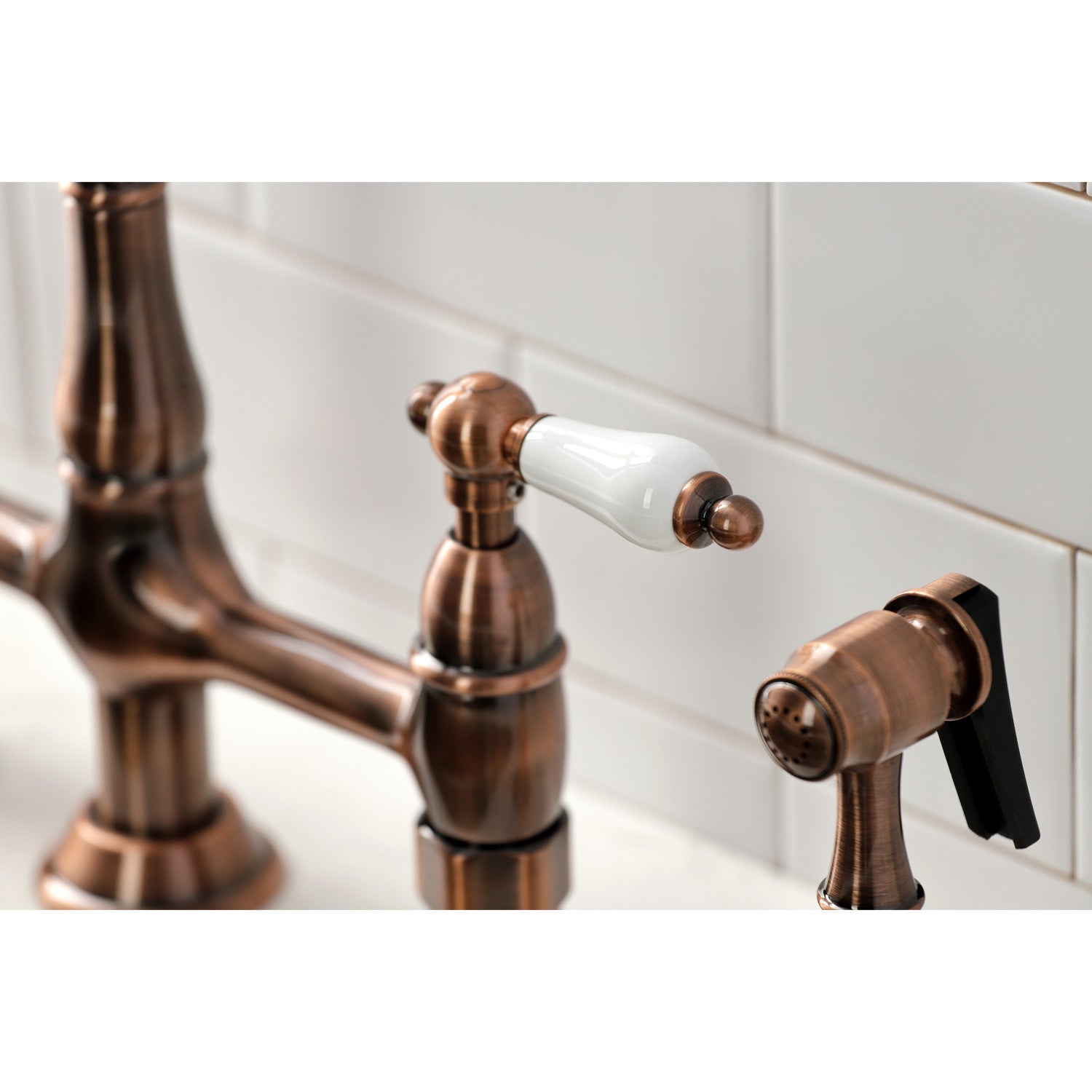 Kingston Heirloom KS127PLBSAC - Heritage Two-Handle 4-Hole Deck Mount Bridge Kitchen Faucet with Brass Sprayer, Antique Copper — thumbnail 2