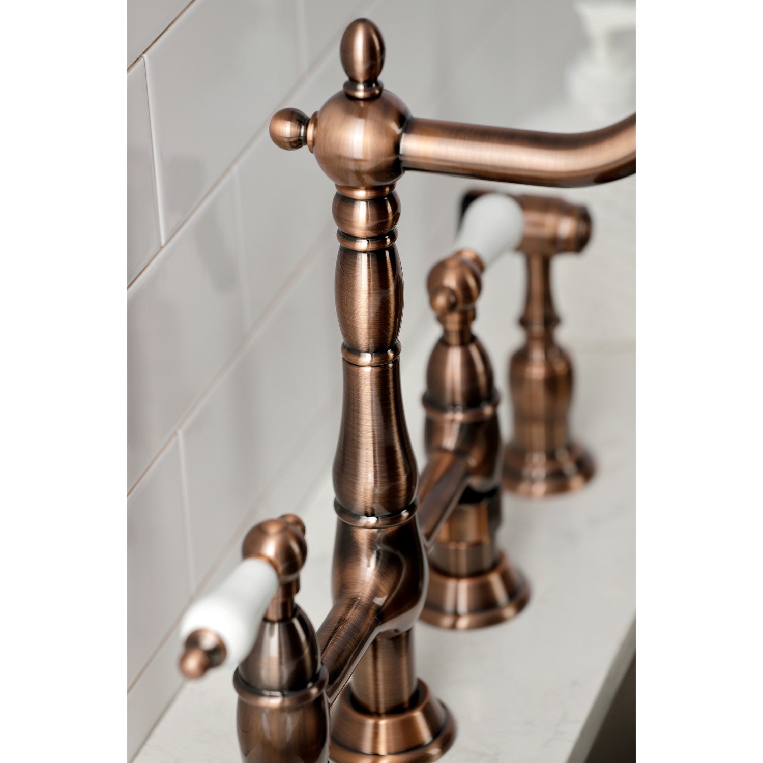 Kingston Heirloom KS127PLBSAC - Heritage Two-Handle 4-Hole Deck Mount Bridge Kitchen Faucet with Brass Sprayer, Antique Copper — thumbnail 3