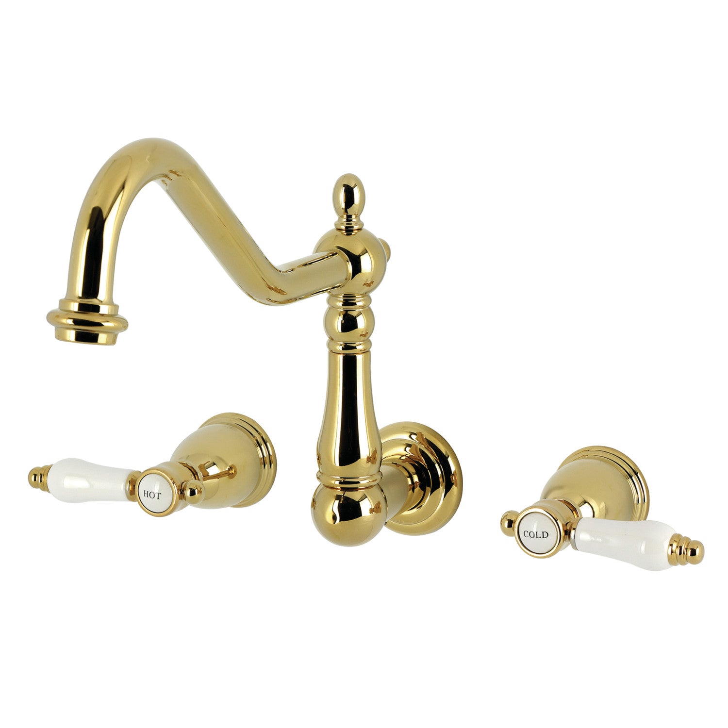 Kingston Heirloom KS1282BPL - Bel-Air Two-Handle 3-Hole Wall Mount Kitchen Faucet, Polished Brass