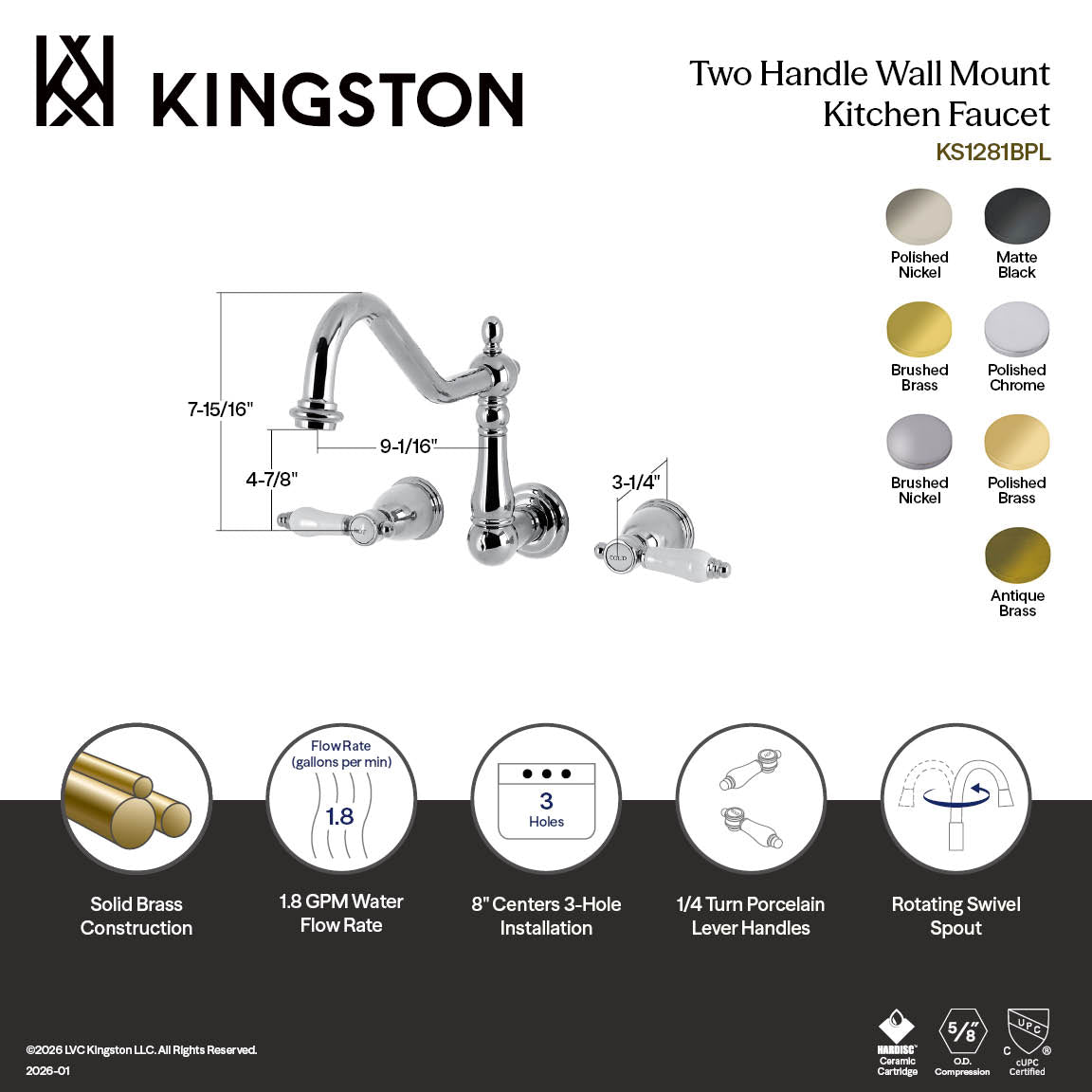 Kingston Heirloom KS1282BPL - Bel-Air Two-Handle 3-Hole Wall Mount Kitchen Faucet, Polished Brass — thumbnail 2