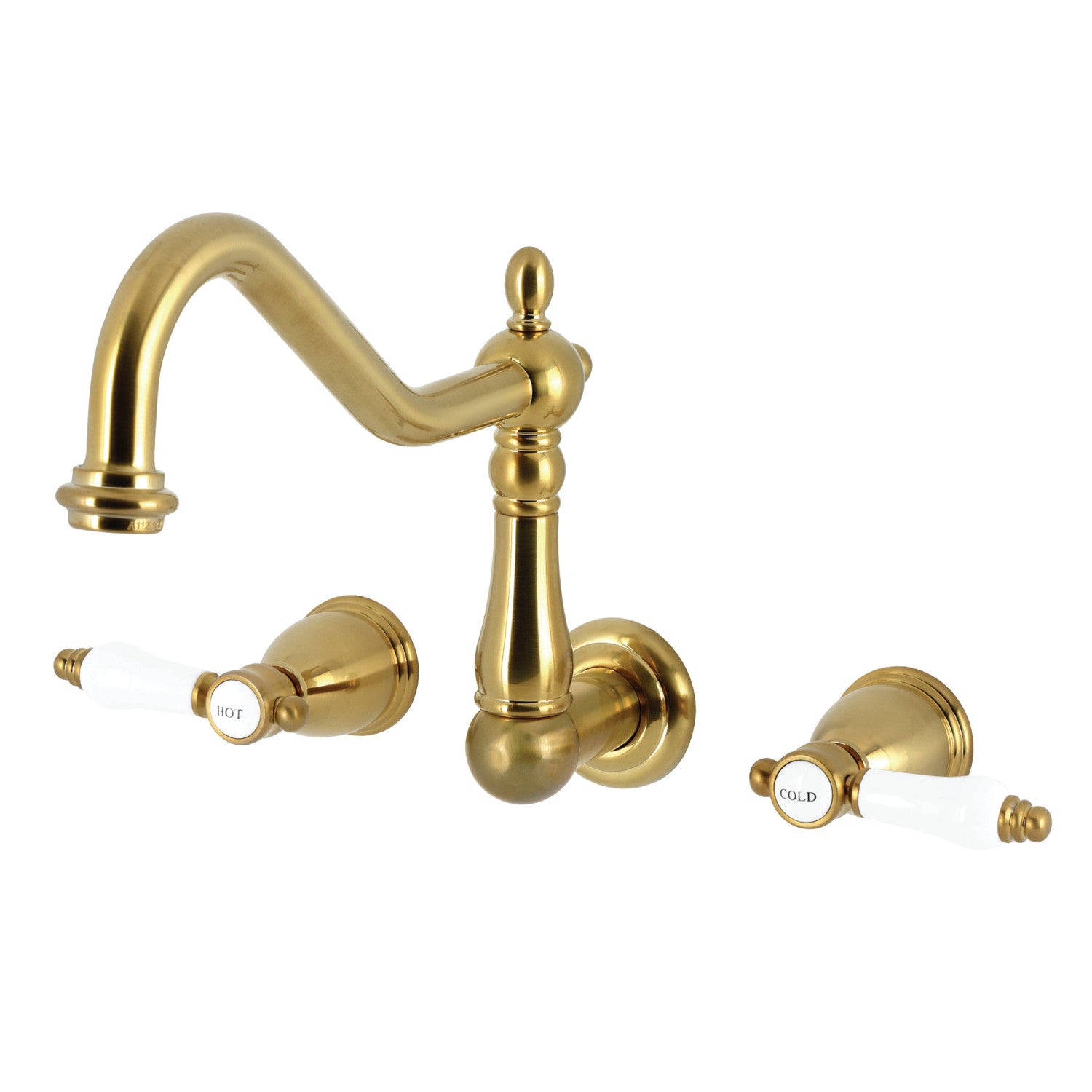 Kingston Heirloom KS1287BPL - Bel-Air Two-Handle 3-Hole Wall Mount Kitchen Faucet, Brushed Brass