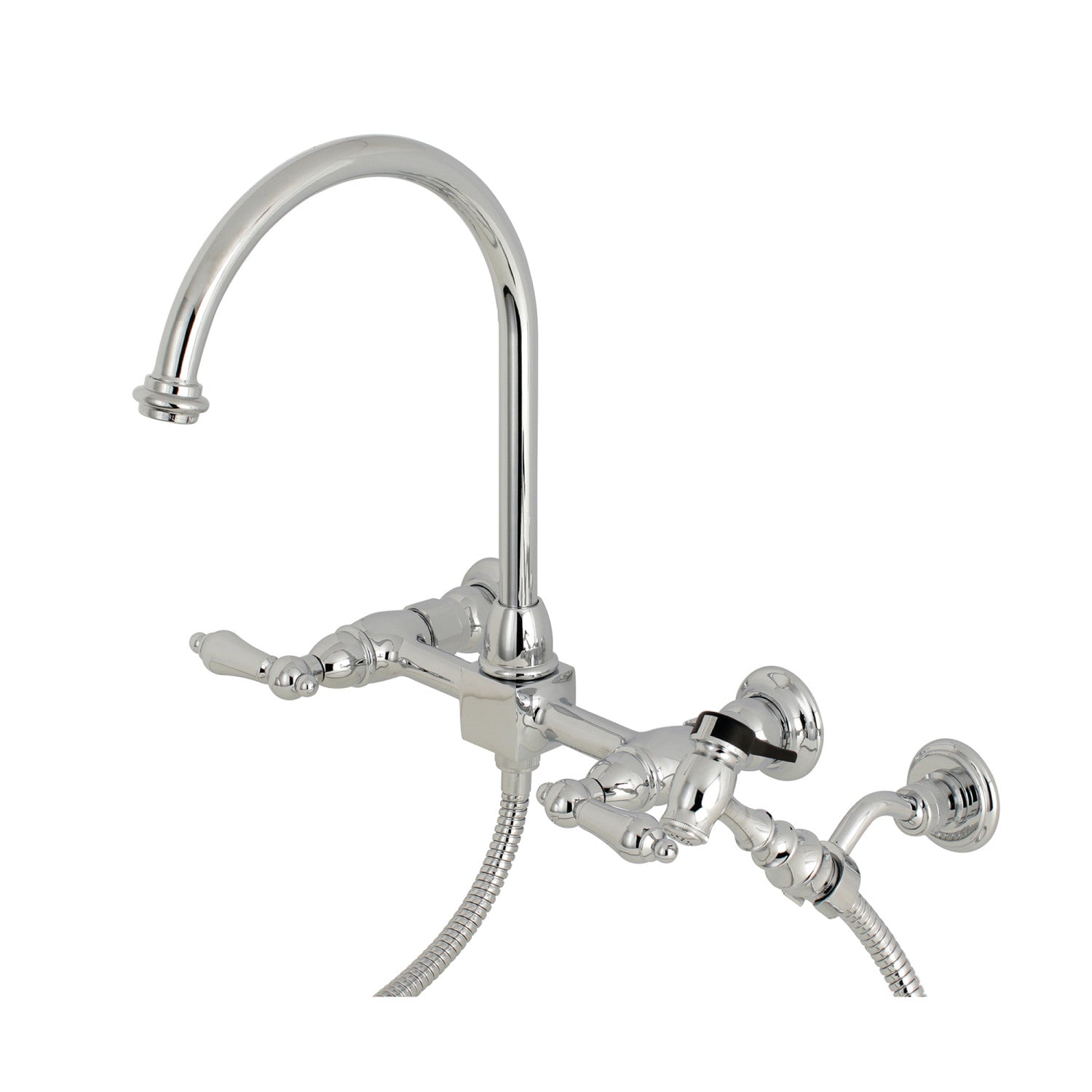 Kingston Tulare KS1291ALBS - Restoration Two-Handle 3-Hole Wall Mount Bridge Kitchen Faucet with Brass Sprayer, Polished Chrome